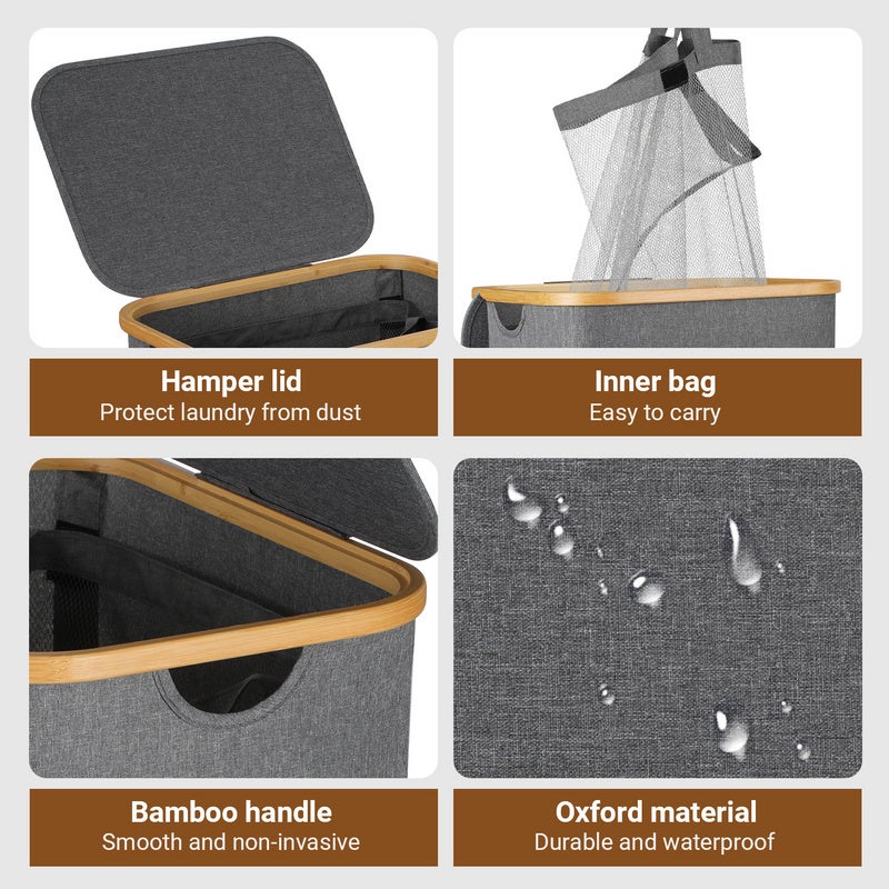 Panier à linge gris, 57 x 37 x 75 cm, avec couvercle et poignées - 7