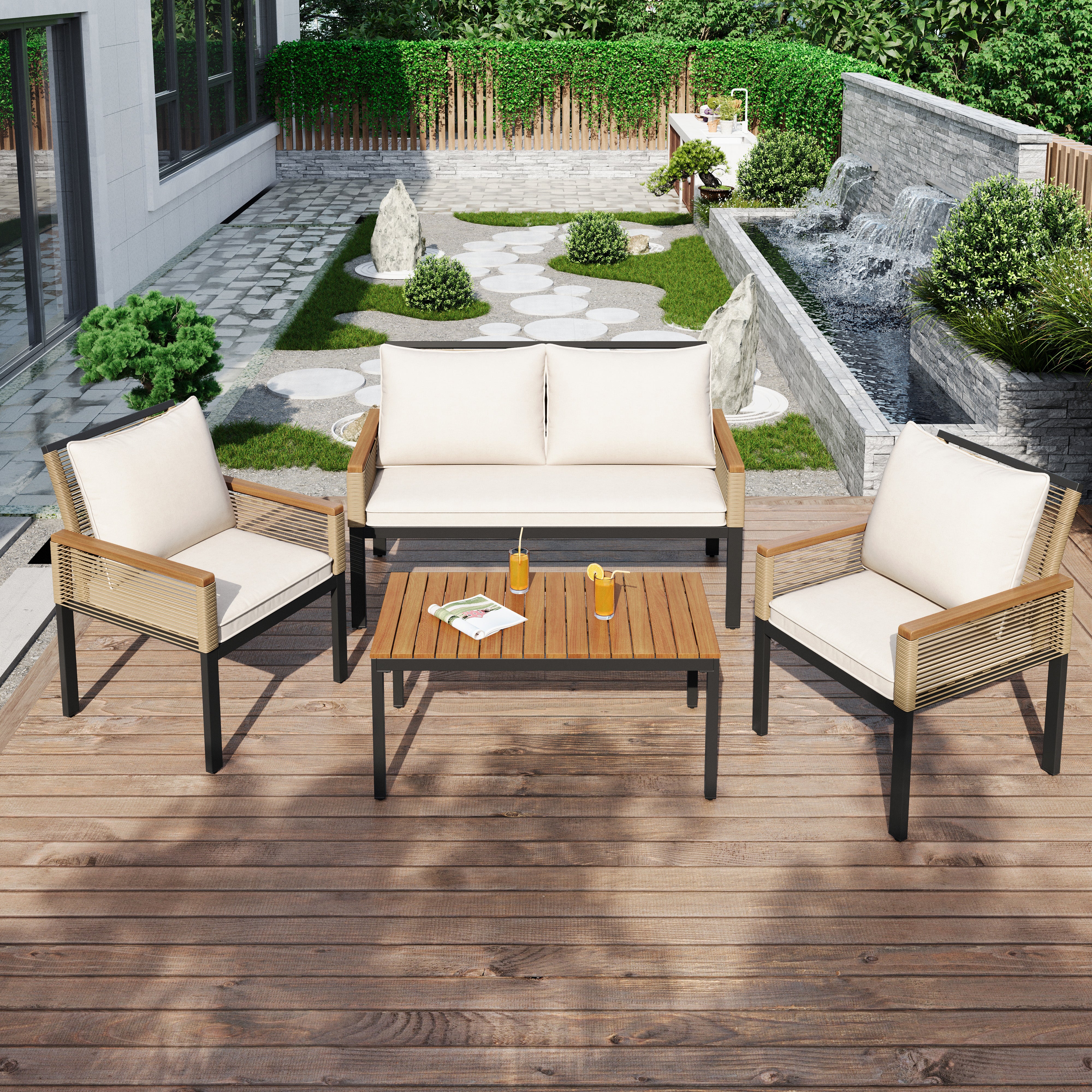 Zestaw ogrodowy z poduszkami, dwuosobowa sofa, 2 fotele i stolik, rattan, beżowy