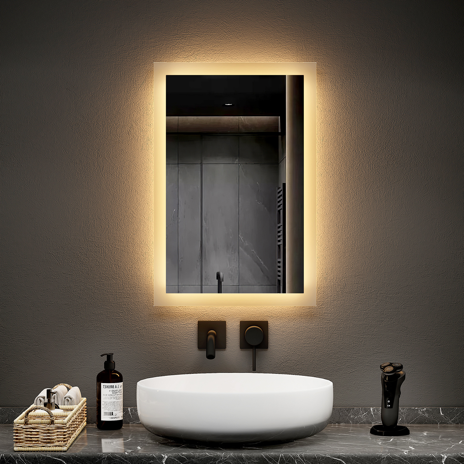 EMKE Lustro łazienkowe z oświetleniem LED 40x60cm, z ciepłym białym światłem, IP44, Włącznik ścienny (brak w zestawie)