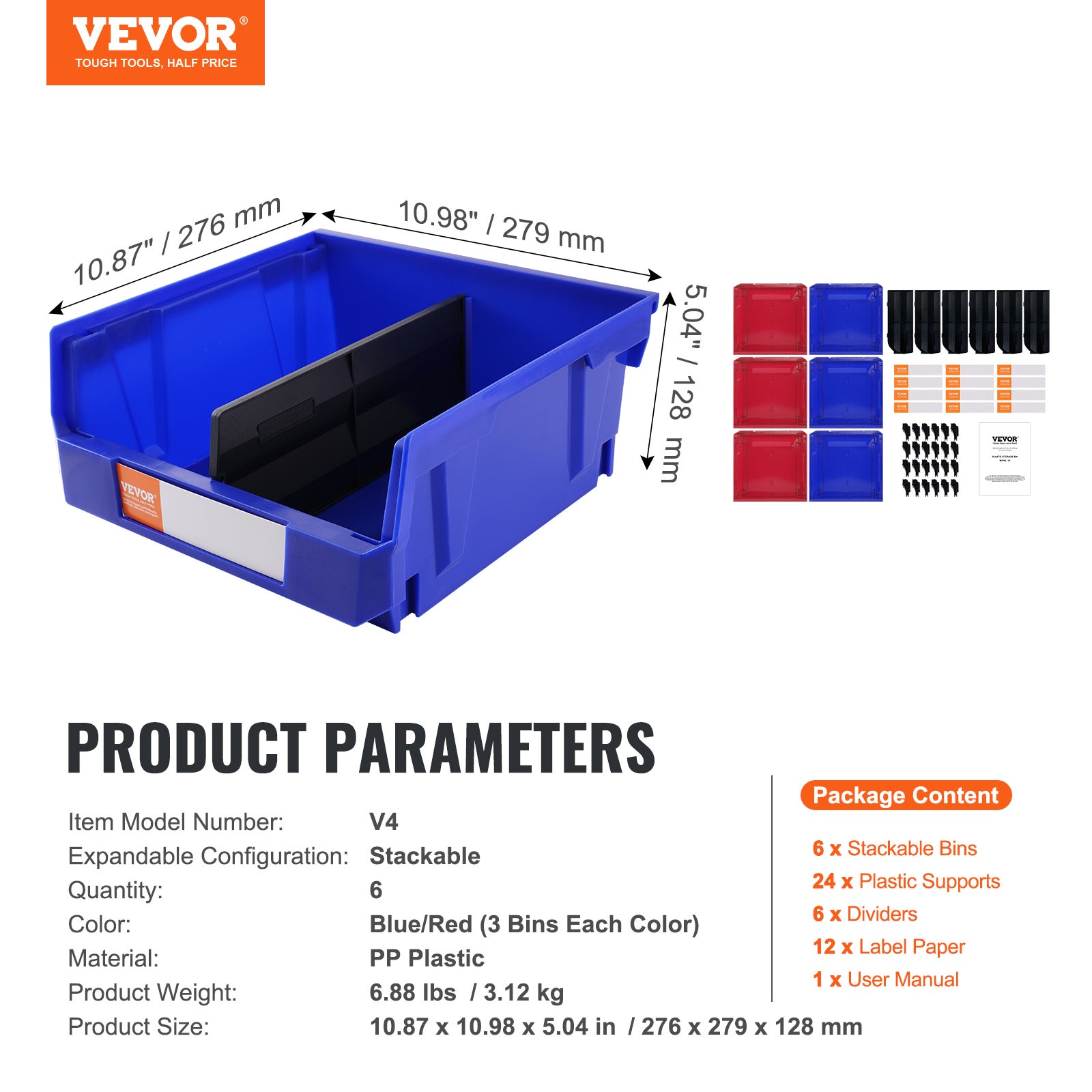 Bac à Bec Plastique VEVOR 6 Boites Rangement Empilables Atelier 276x279x128 mm Bleu/Rouge Combinaison Conteneur de Stockage Robustes pour Placard - 7