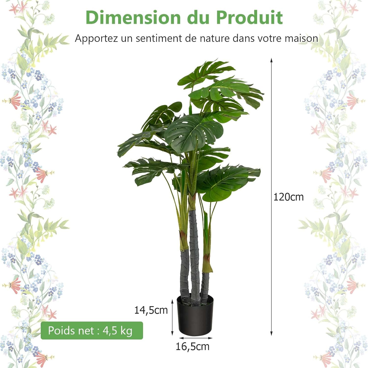 Pianta Finta 120 cm, Albero di Filodendro Artificiale con Foglie in Plastica PE, 3 Rami e 20 Foglie e Supporto in Cemento, Ideale per Casa, Uf - 5