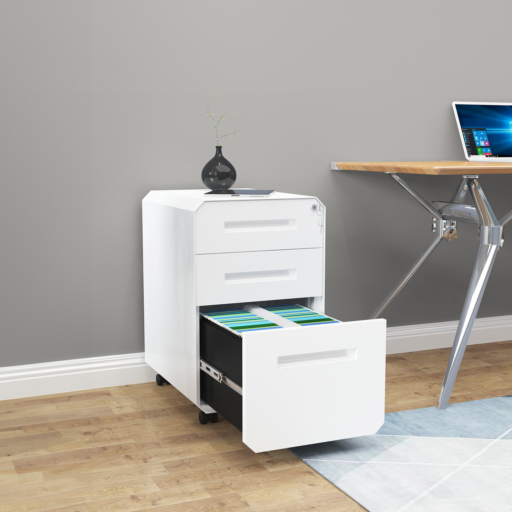 Caisson De Rangement Bureau 4 Tiroirs - Acier Blanc, Serrures Individuelles, Roulettes - 70x44x37cm, Charge 80kg - 7