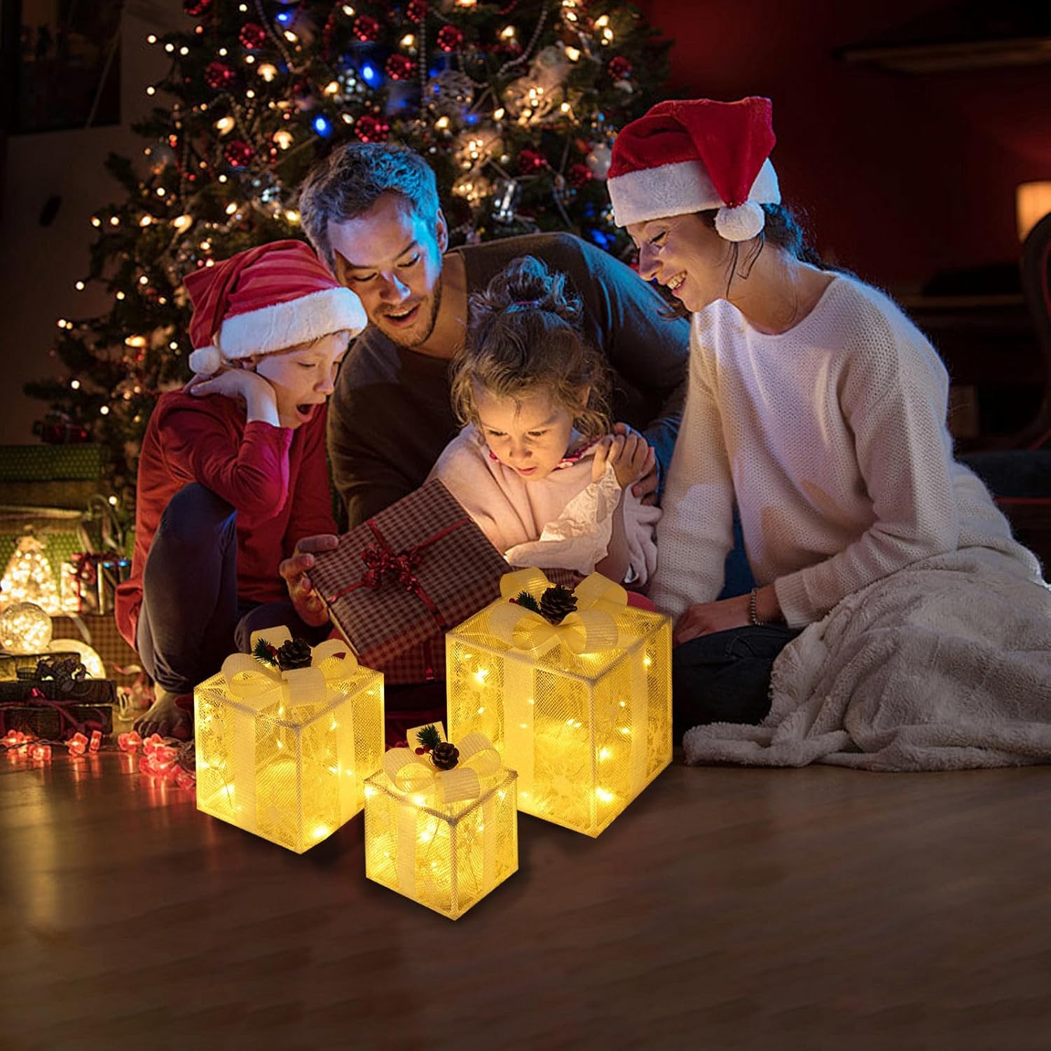 Juego de 3 cajas de regalo iluminadas para Navidad, cajas de regalo iluminadas con control remoto, decoraciones navideñas - 7