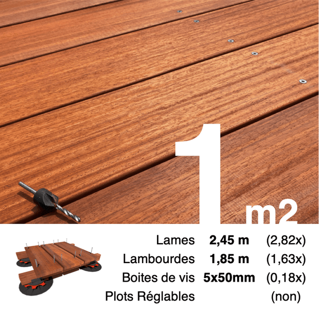Kit terrasse bois exotique PADOUK pour 1 m² • Lames 2,45 m, lambourdes 1,85 m et visserie Inox