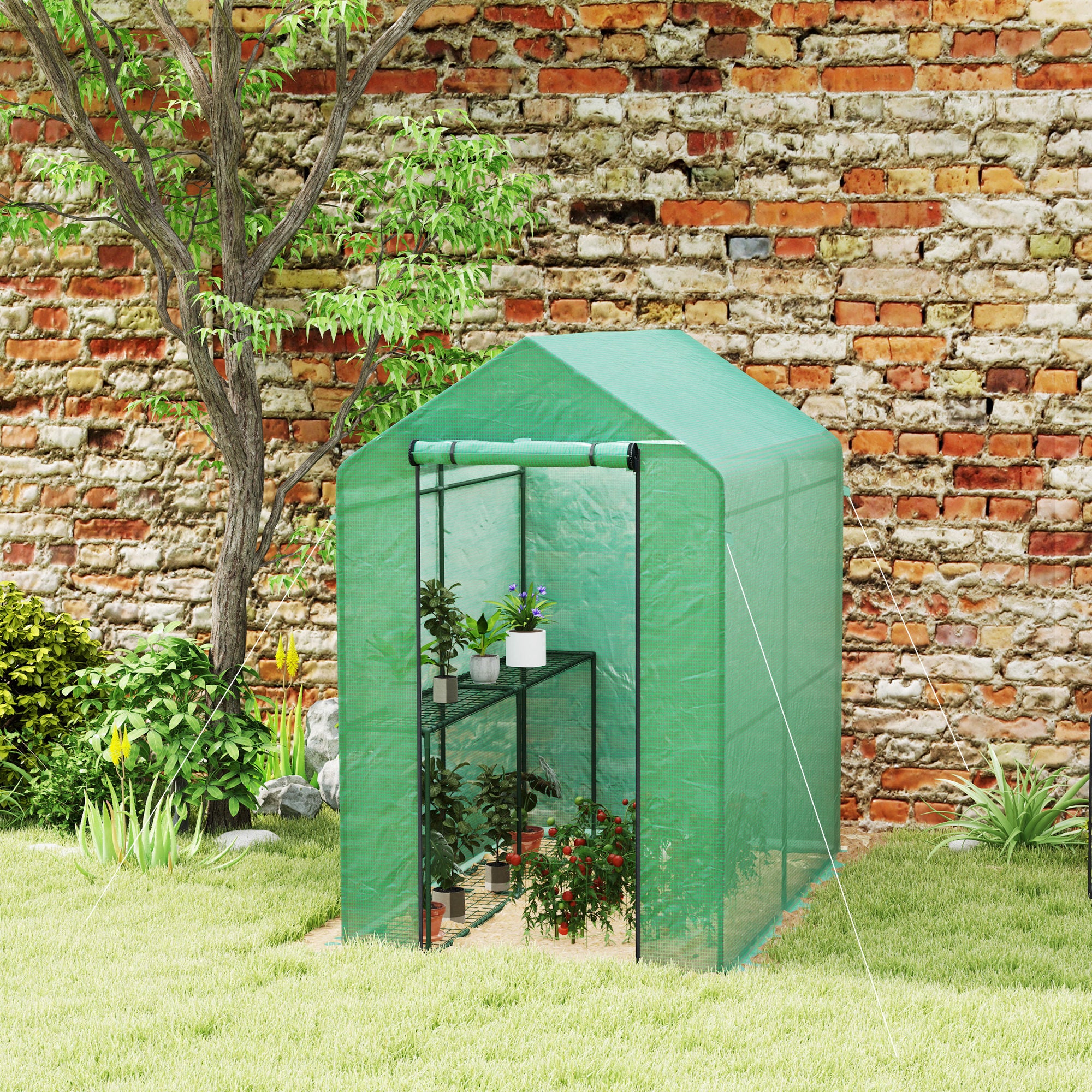 Serre de Jardin - Outsunny - étagère 2 niveaux porte zippée enroulable - bâche renforcée 140 g/m², châssis en acier - vert - 9