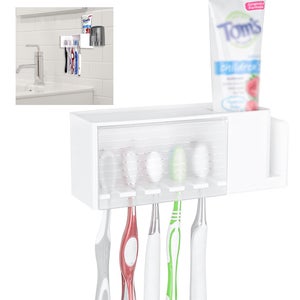 Portaspazzolino Da Parete Con Coperchio, 5 Scomparti, Autoadesivo Senza Fori, Organizer Da Bagno In Bianco E Grigio, Con Fondo Drenante Per Doccia E Armadietto