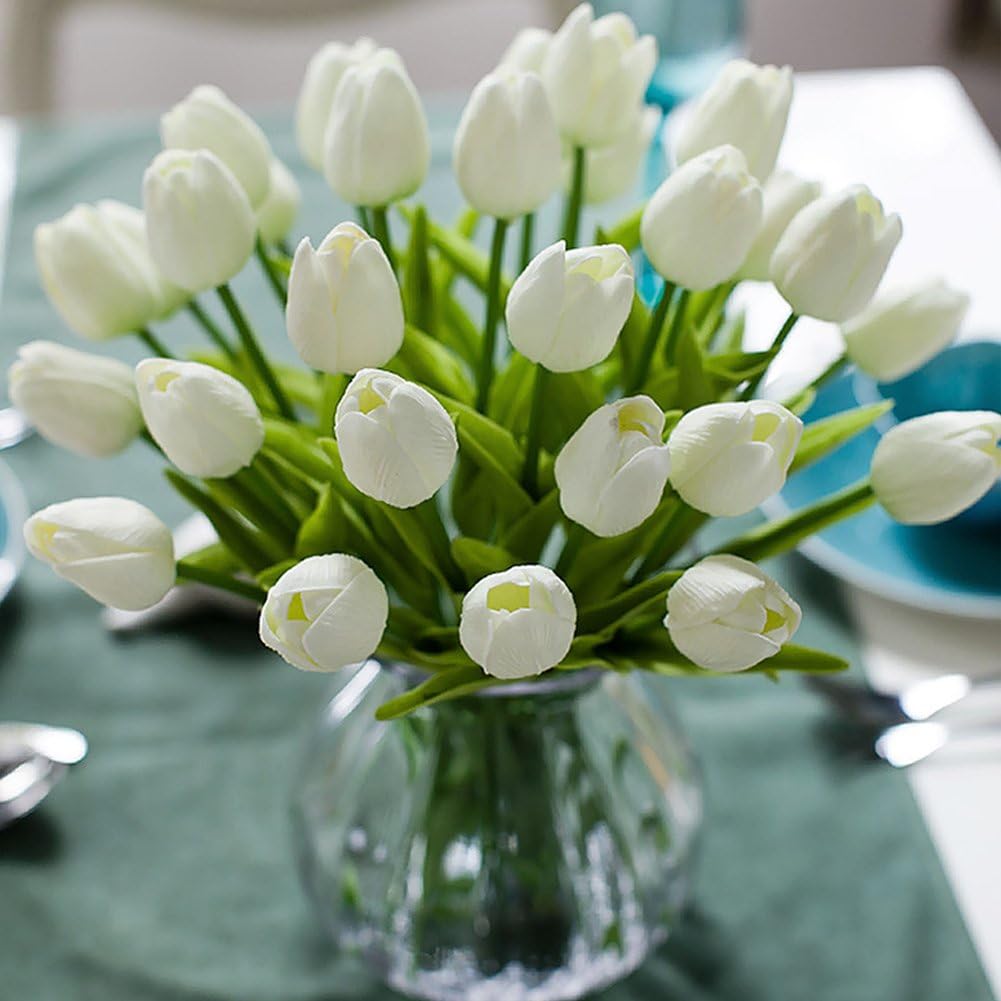 Ramo de 10 magníficas tulipanes artificiales de PU con tacto realista y tallo blanco. - 2
