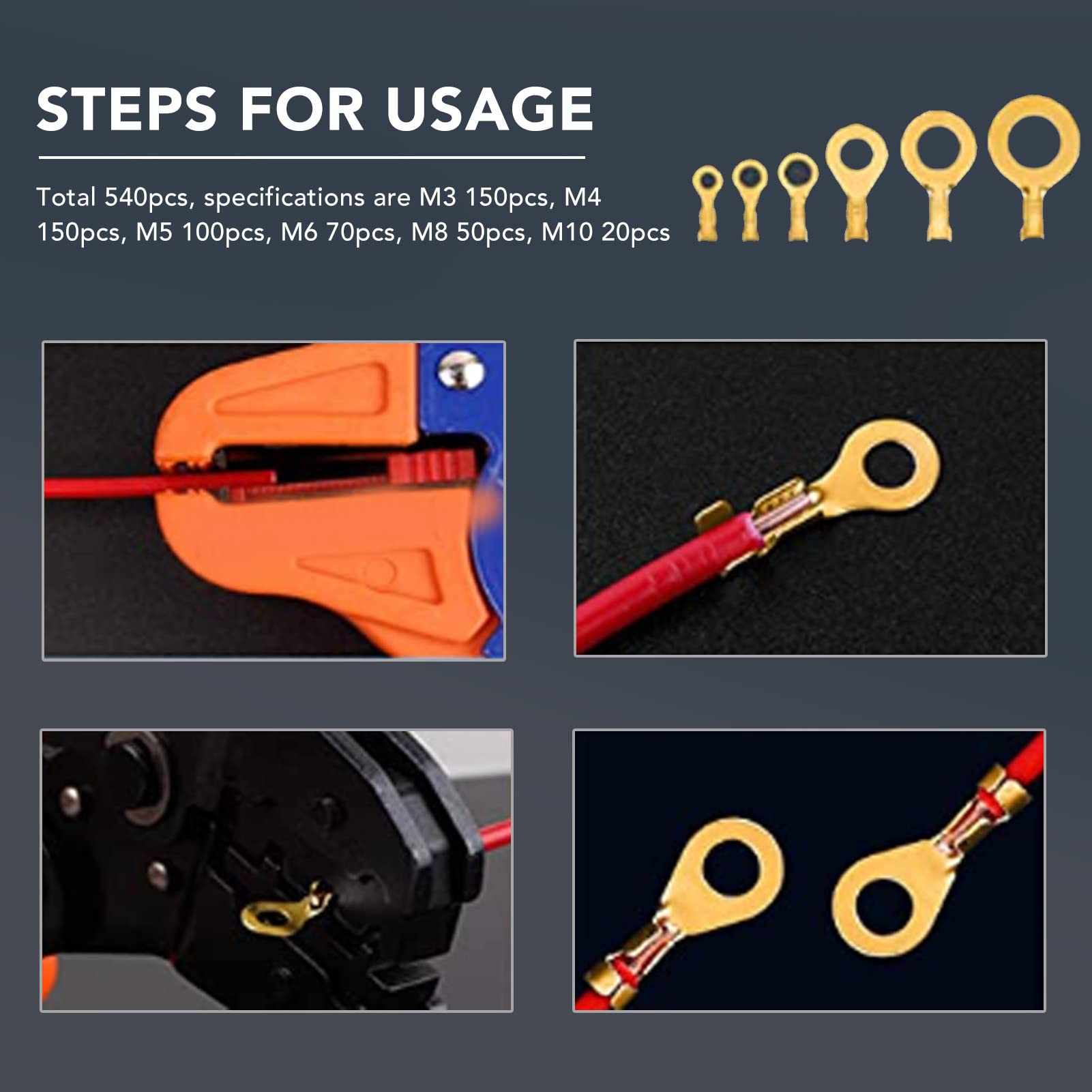 540 pezzi terminale ad anello in ottone dorato M3 M4 M5 M6 M8 M10 connettore per filo terminale a forma di O - 7