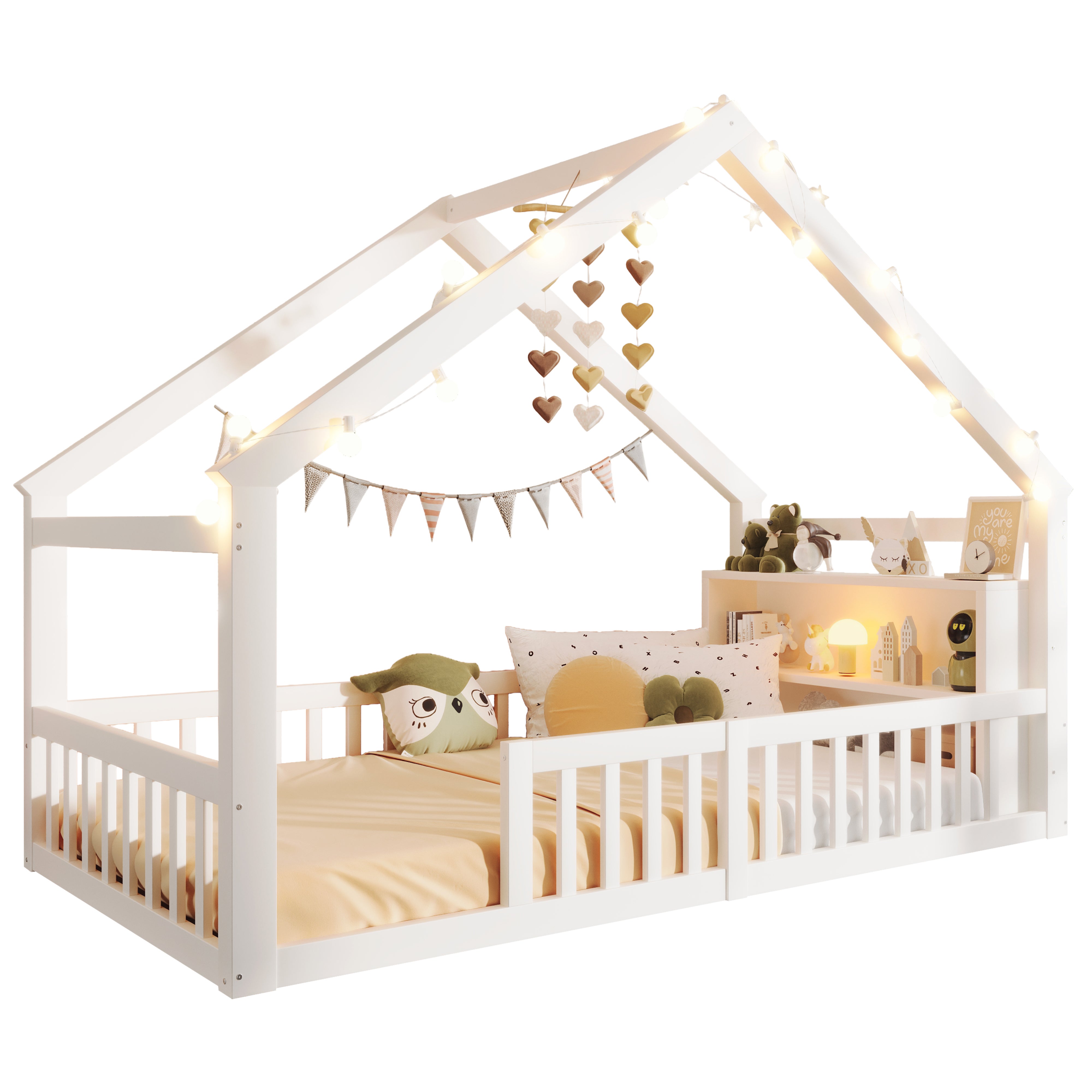 Lit cabane enfant Lit simple 90x200 cm avec barreaux de sécurité, design maison et étagère intégrée - Structure en pin - blanc - 7