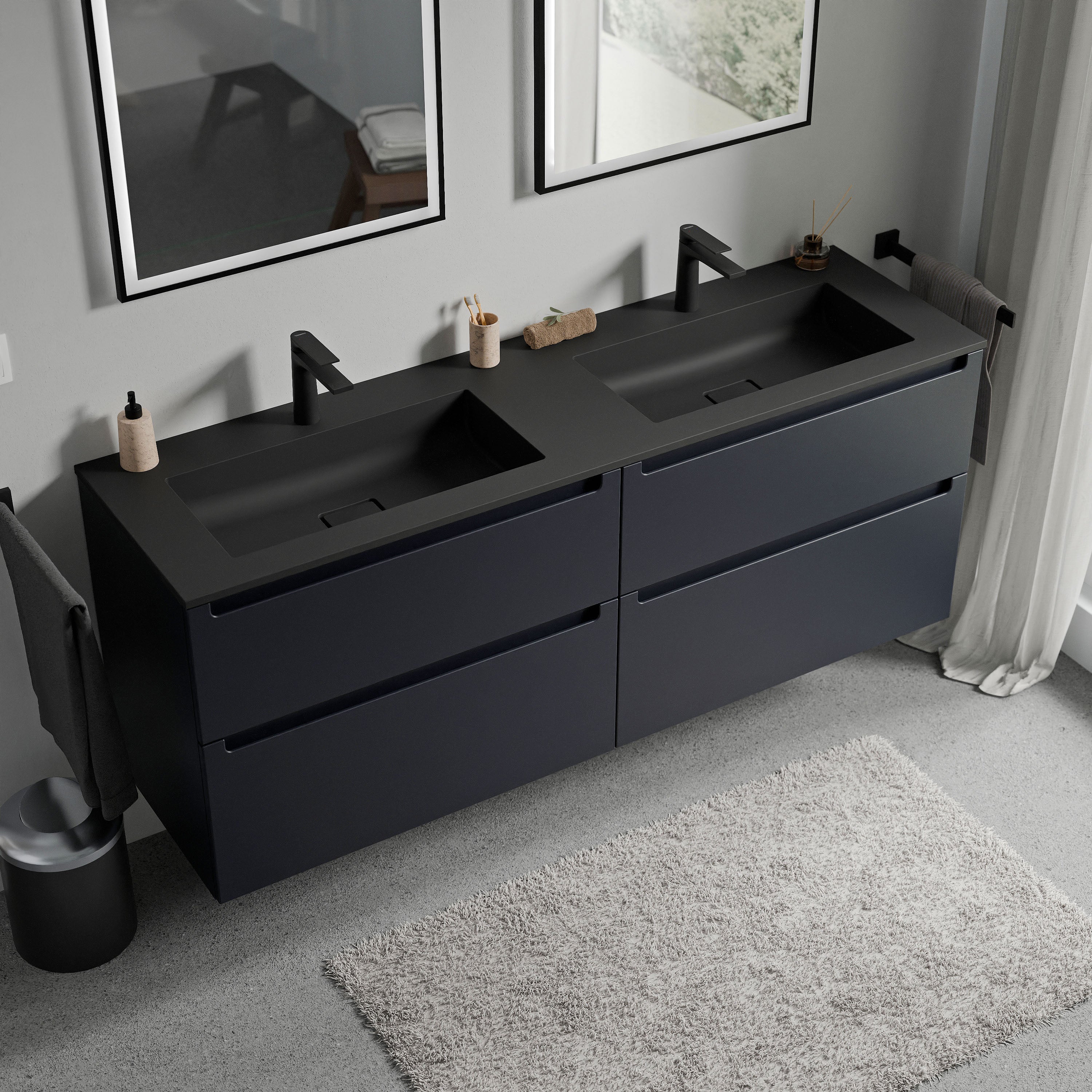 BERNSTEIN - Meuble double vasque suspendu MDF Bleu nuit mat, lavabos fonte Noir mat + trous robinet, tiroirs pivotants - 160x46x62cm - VIREO - 2