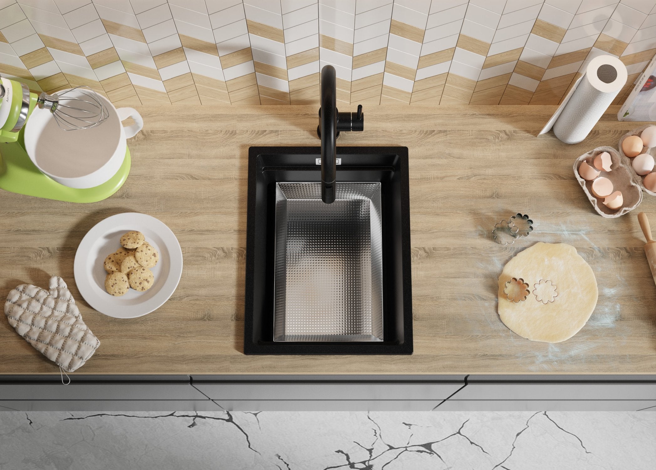 Lavandino da Cucina Nero 36x47cm, Lavello in Granito a 1 vasca + Sifone Classico + Accessori, Lavabo da Cucina Incasso al mobile 40cm PRIMAGRAN - 9