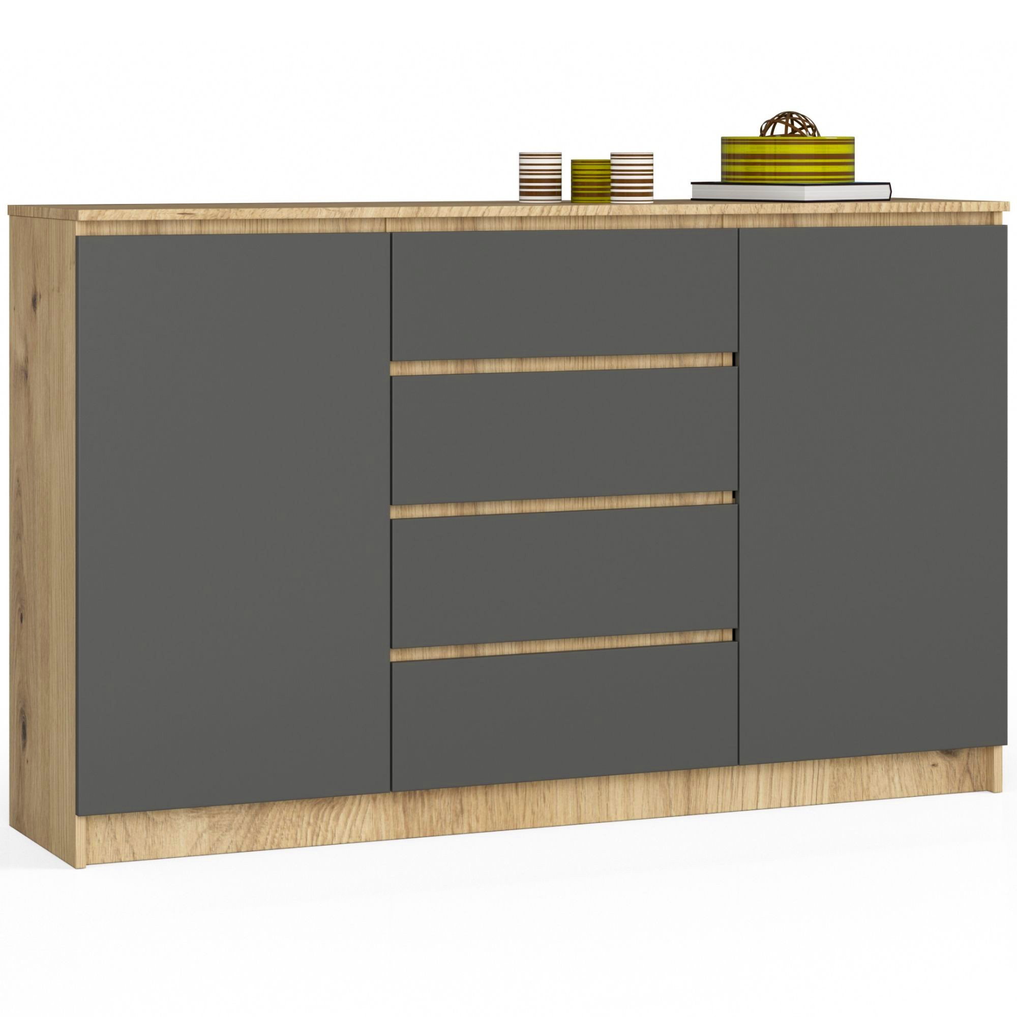 Komoda AKORD K160 Dąb Artisan 160 cm 2 drzwi 4 szuflady kolor Grafit Szary mat 4 półki 160x40x99 cm