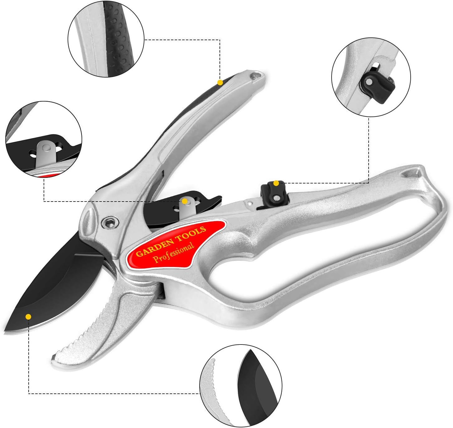 Sécateur Jardin - Anti Glissement poignees, mécanisme de déverrouillage, sécateur Bypass, revêtement antiadhésif,Ciseaux de Jardin Sharp Hand Pruners - 4