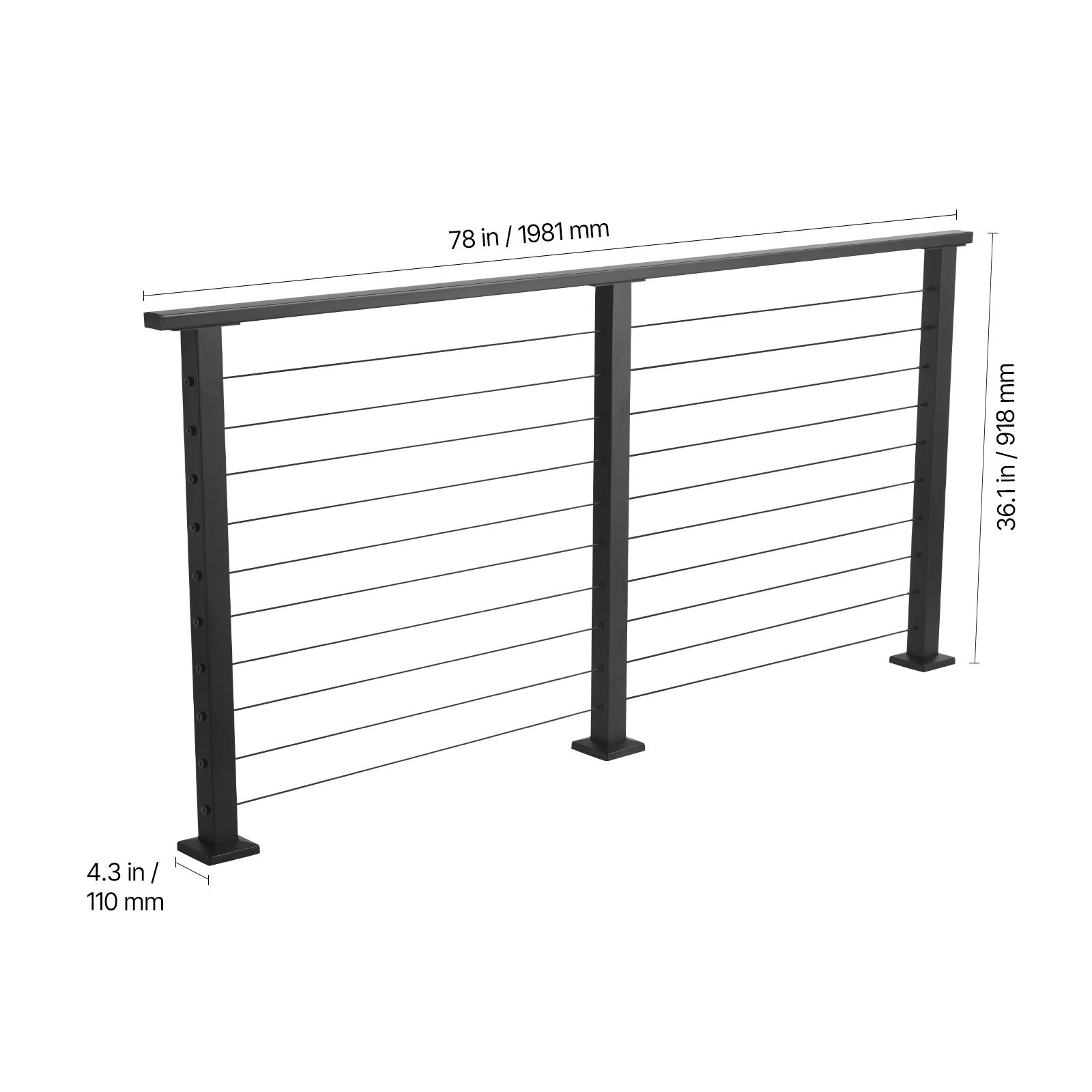 Kit de garde-corps SucceBuy a cable 198 cm, rampe en acier inoxydable noir mat, poteaux de 89 cm de hauteur, espacement des cables de 8 cm - 9