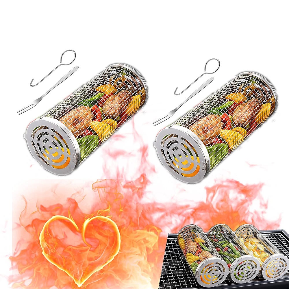 2-częściowy zwijany kosz do grillowania na zewnątrz, cylindryczna siatka ze stali nierdzewnej do grillowania warzyw i mięsa 3,54 * 7,84 cala.