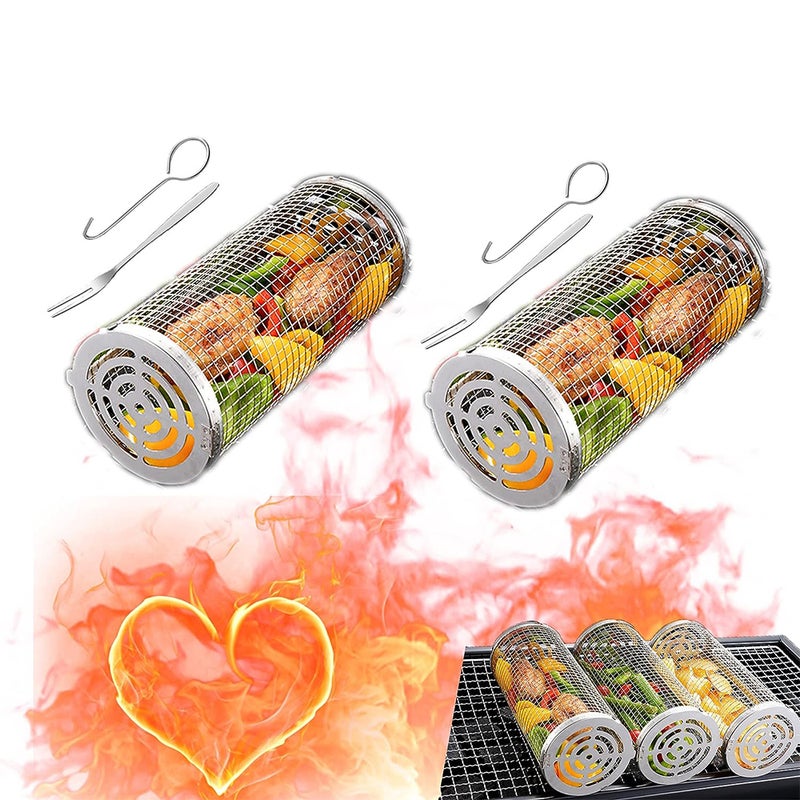 2-częściowy zwijany kosz do grillowania na zewnątrz, cylindryczna siatka ze stali nierdzewnej do grillowania warzyw i mięsa 3,54 * 7,84 cala.