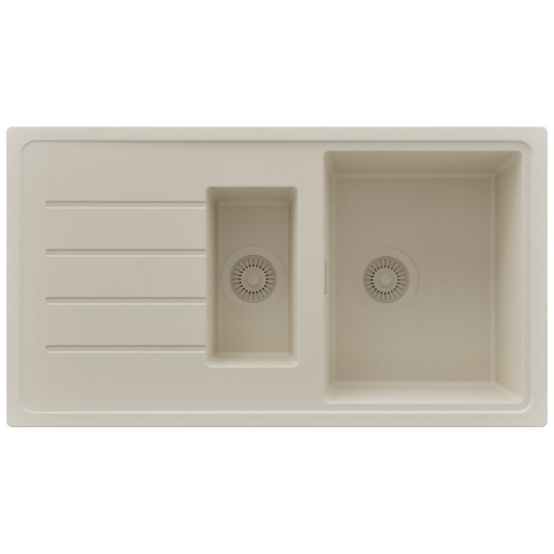 Zlewozmywak Beżowy 90x50cm, Zlew Kuchenny 1,5 Komorowy + Syfon, Nablatowy do szafki od 60cm - Kopenhaga Duo PRIMAGRAN