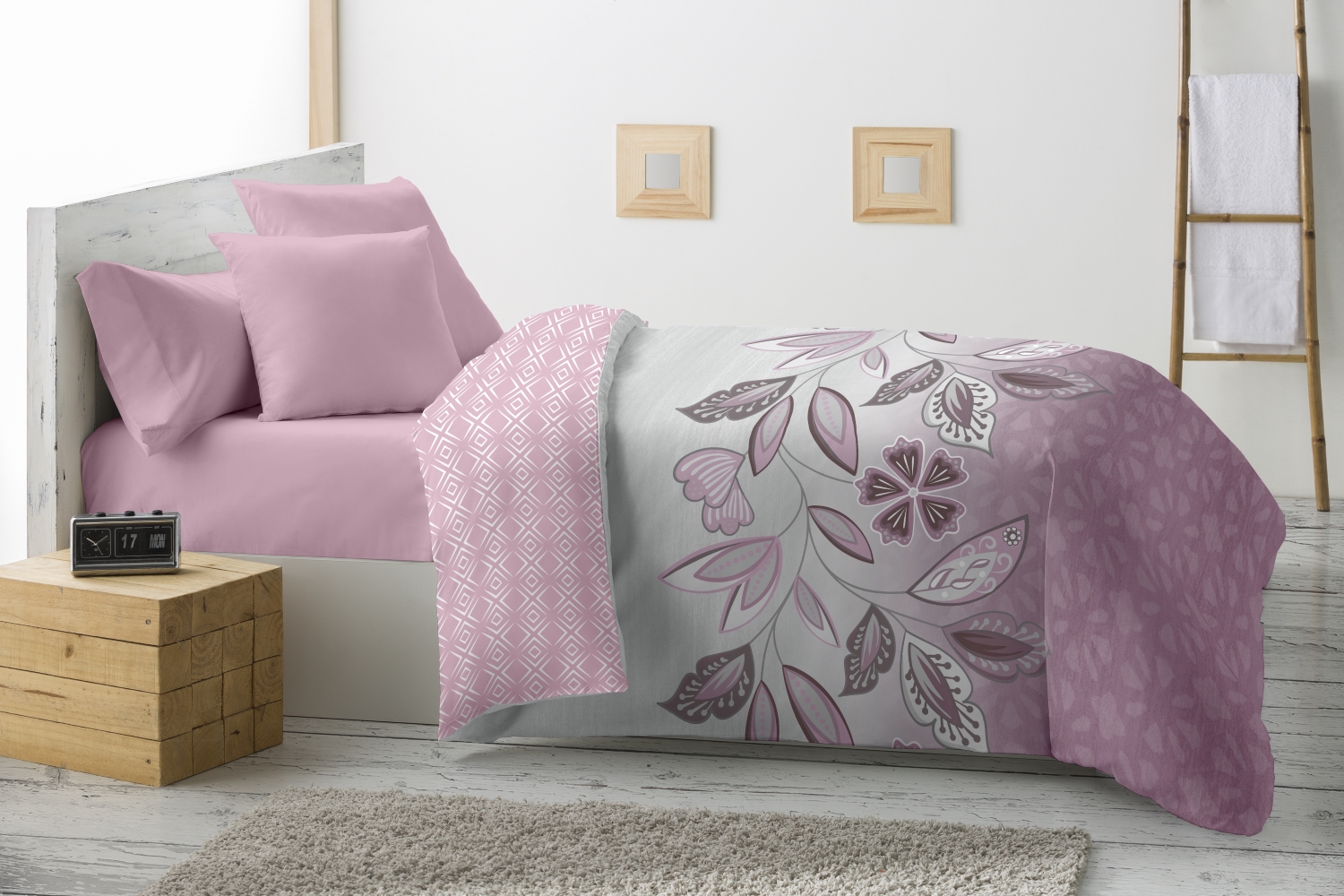 Haradeco edredón nórdico estampado para cama 150 , cubrecama 250x260cm reversible confecciona microfibra- rea malva
