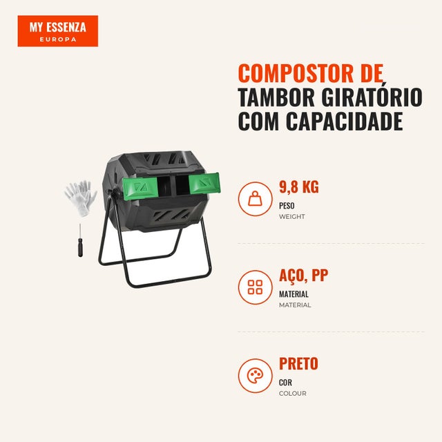 Compostador de tambor giratorio 160L con doble cámara y ventilación