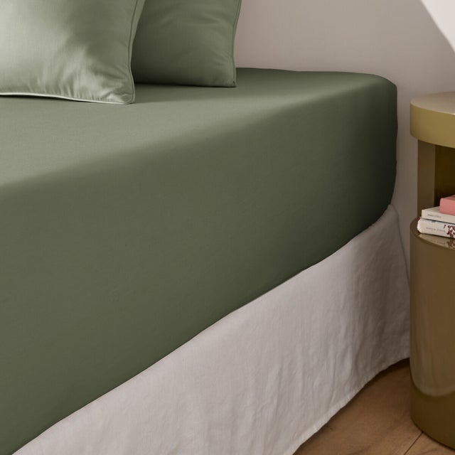 Drap-housse en satin de coton bonnet 30 cm, Opale - Eucalyptus - 160 x 200 cm