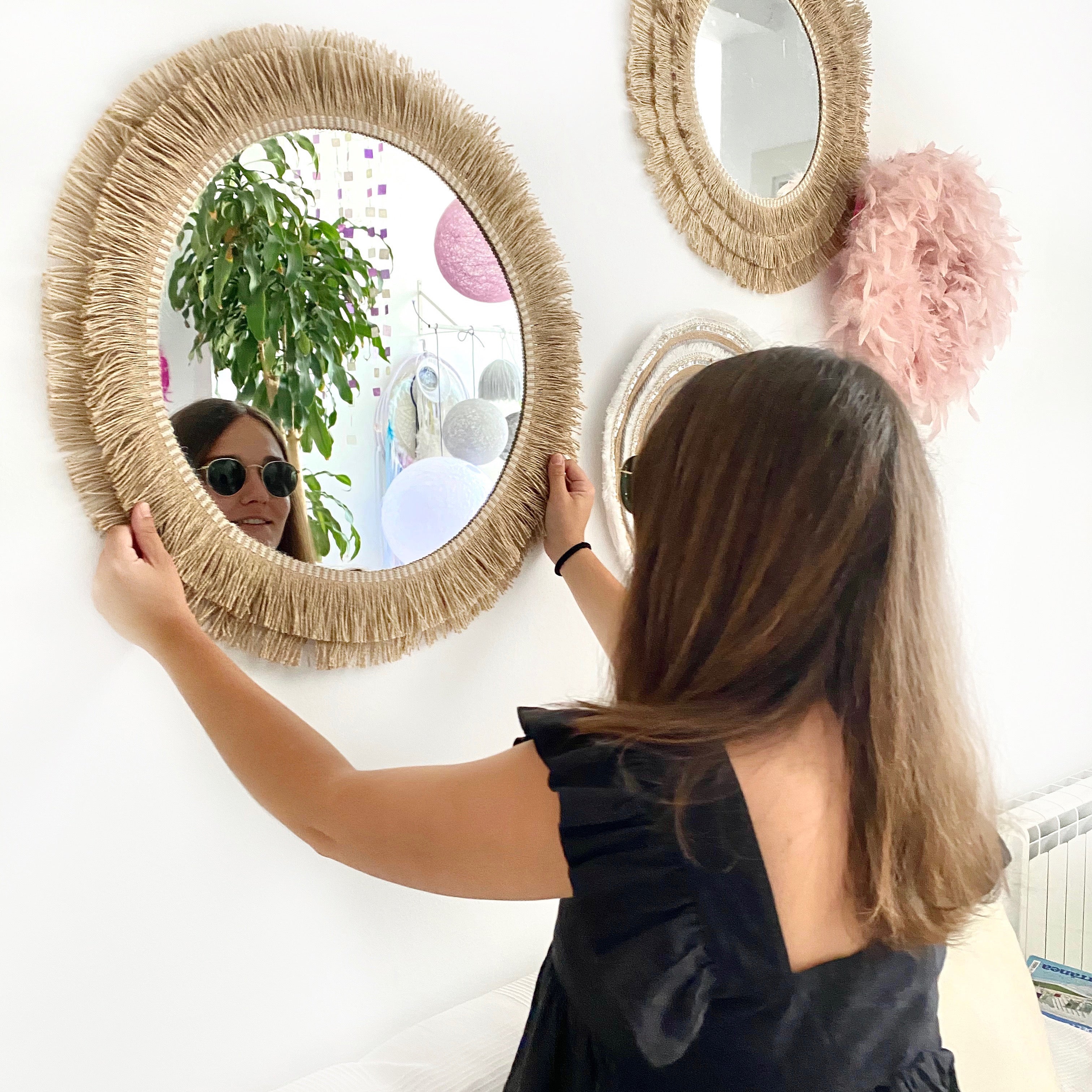 Espejo decorativo redondo de cuerda de yute y fibras naturales estilo bohémio - mirror jute ii 50cm