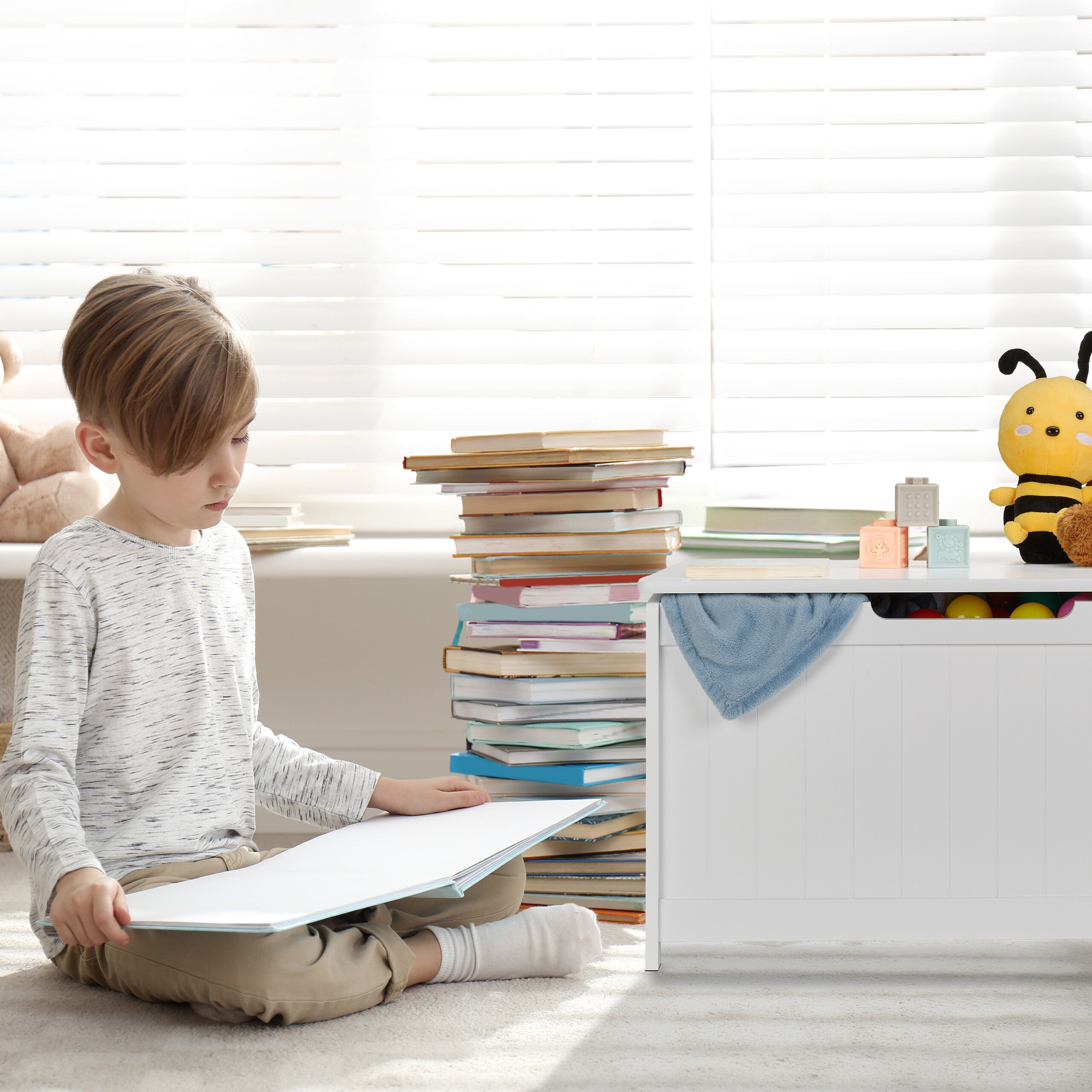 Coffre de rangement avec couvercle, grande caisse pour jouets, H x L x P : 45 x 80 x 40 cm, MDF, blanc, Relaxdays - 3