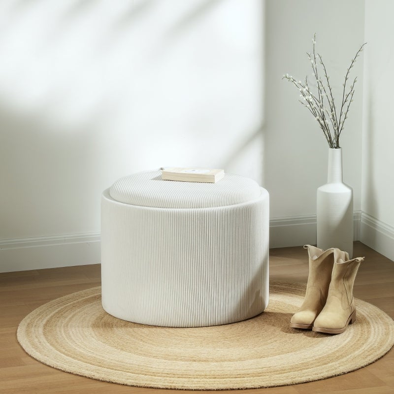 Pouf con Coperchio e Contenitore,Poggiapiedi Rotondo Imbottito,Tavolino Divano in Corda 56x56x42 cm Crema - 2
