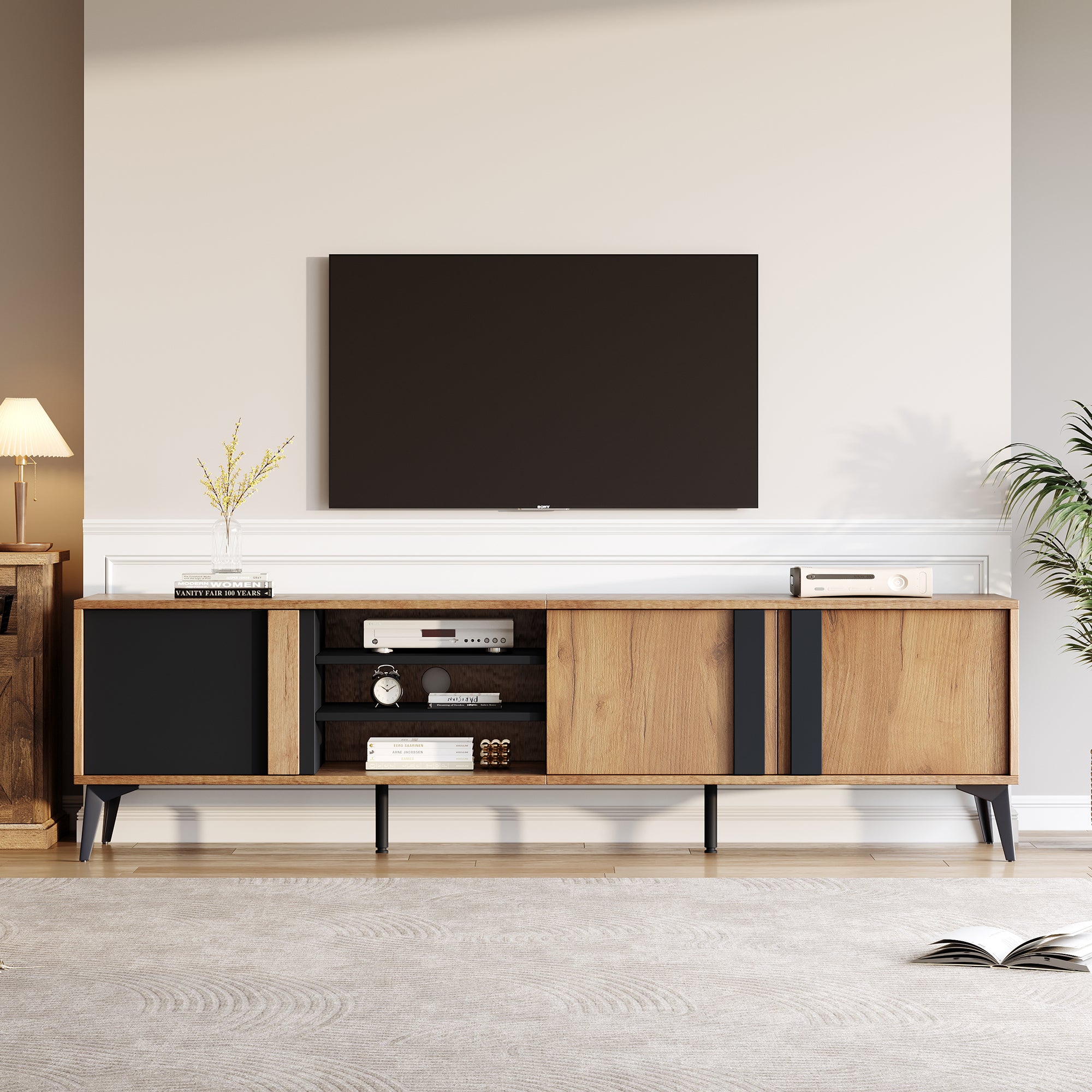 Meuble TV avec 3 portes et 3 niches ouvertes - 180 x 40 x 50 cm - Panneau de particules - Marron et noir - 5