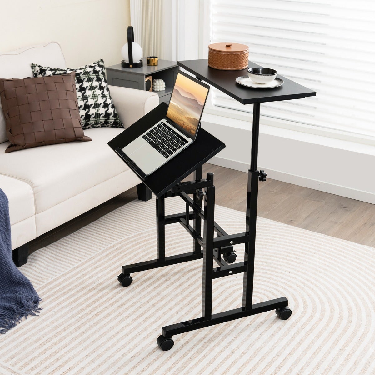 Bureau Assis-debout Roulant GYMAX - Réglable En Hauteur, 2 Plateaux Dont 1 Inclinable - Idéal Pour Télétravail, étude Ou Salon - 4