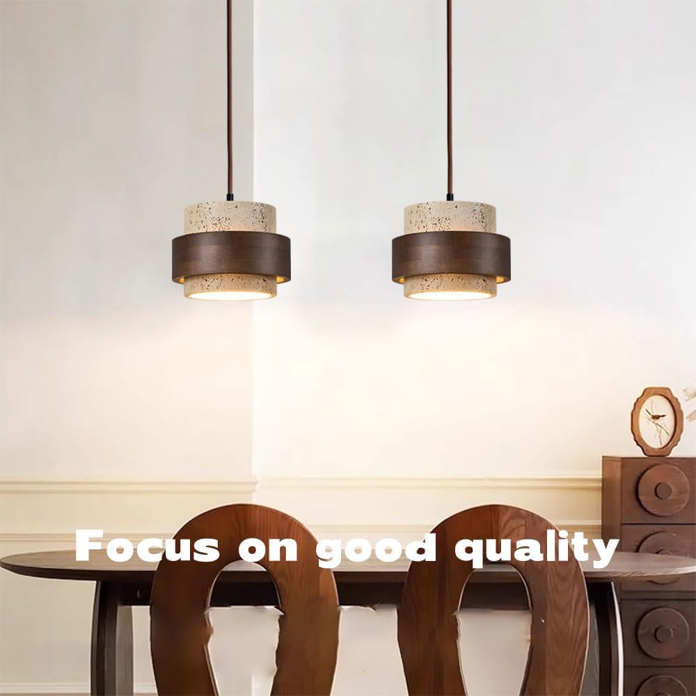 Lustre de style wabi-sabi en pierre naturelle nordique, lustre jaune style grotte, design bois et pierre, style ferme vintage, lampe en travertin. - 4