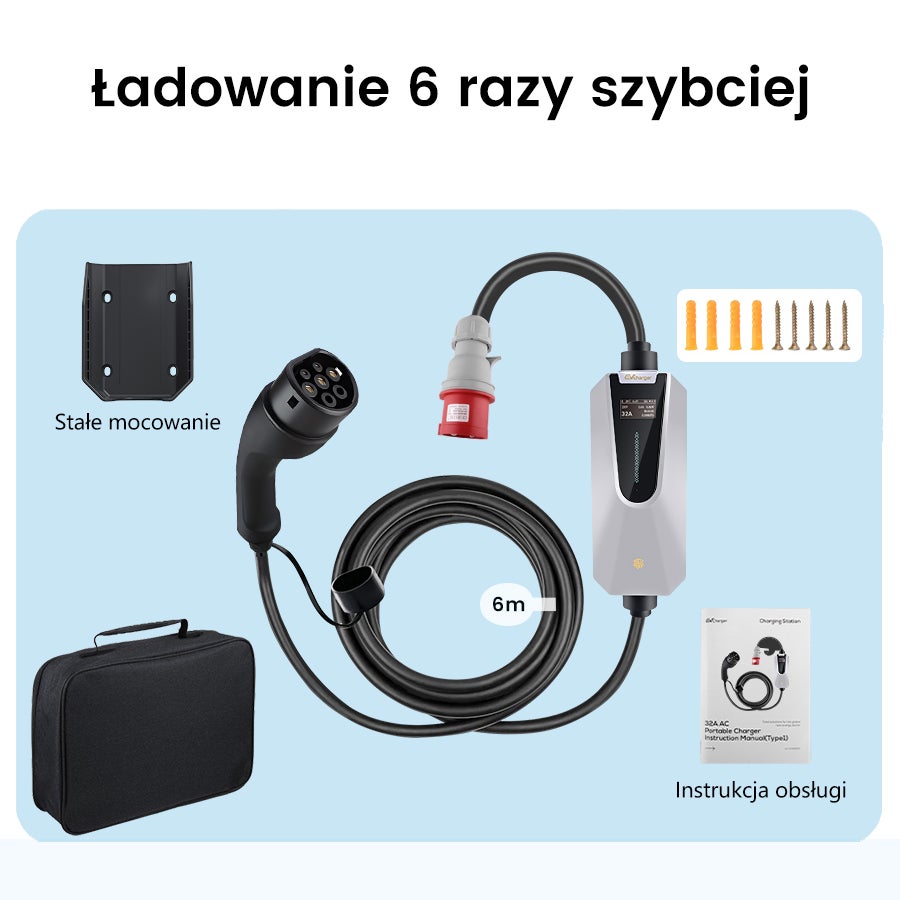 Przenośna Ładowarka EV JUNSUN 22kW | Typ 2 | Kabel 6m | IP65 | Regulacja 6-32A - 9