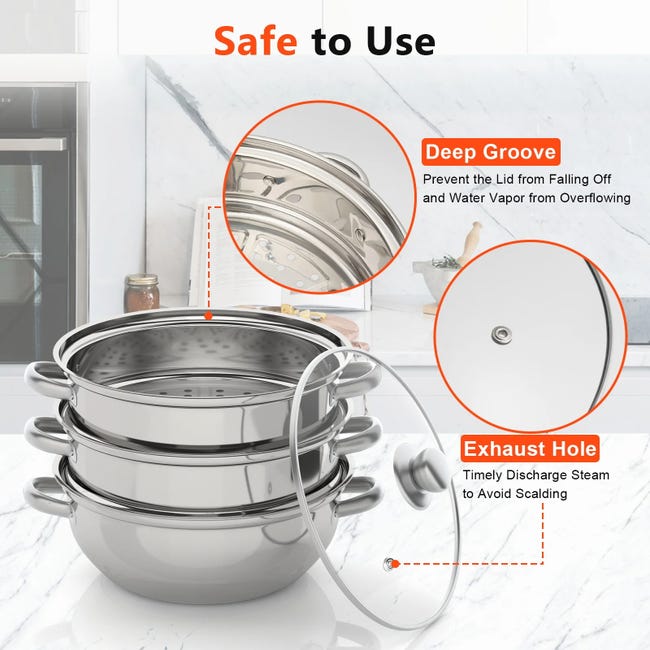 Cuiseur Vapeur Inox 3 Étages 28 Cm – Empilable Induction & Tous Feux – Couvercle Verre – Grande Capacité Saine & Pratique