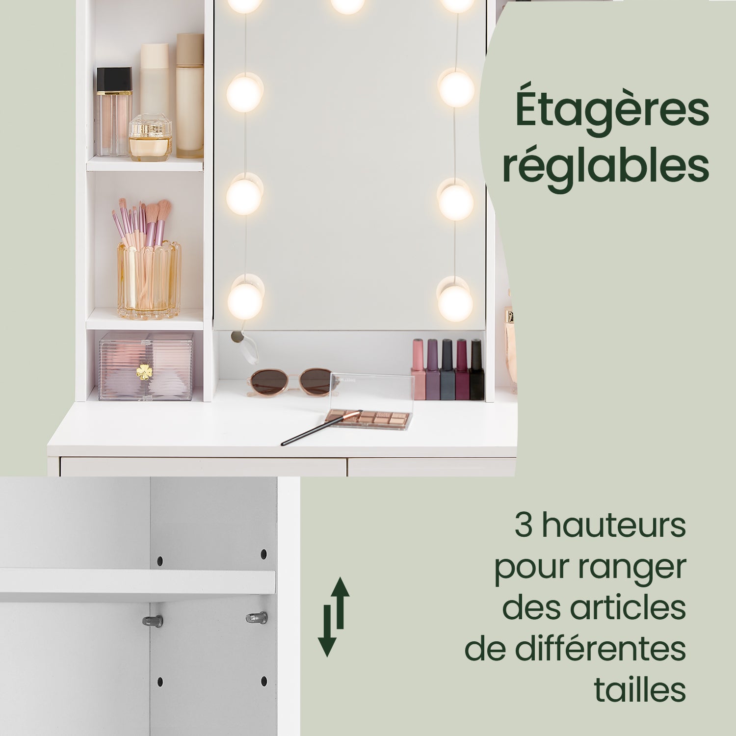Coiffeuse avec 9 Lumières LED, 3 Tonalités et Luminosité Réglable, Moderne, avec Miroir, Étagères Réglables, 2 Tiroirs, Blanc Nuage - 3