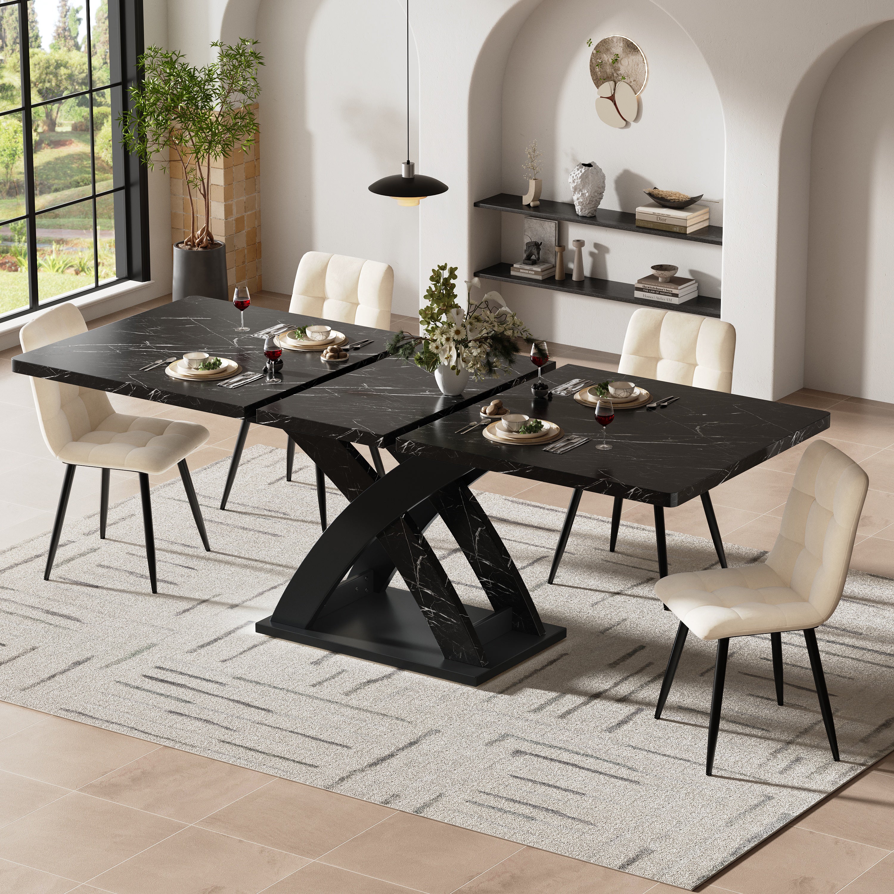 Rozkładany stół jadalny dla 4-6 osób - 120/160 x 80 x 75 cm - MDF + Metal - Wygląd marmuru - do kuchni lub jadalni - Czarny