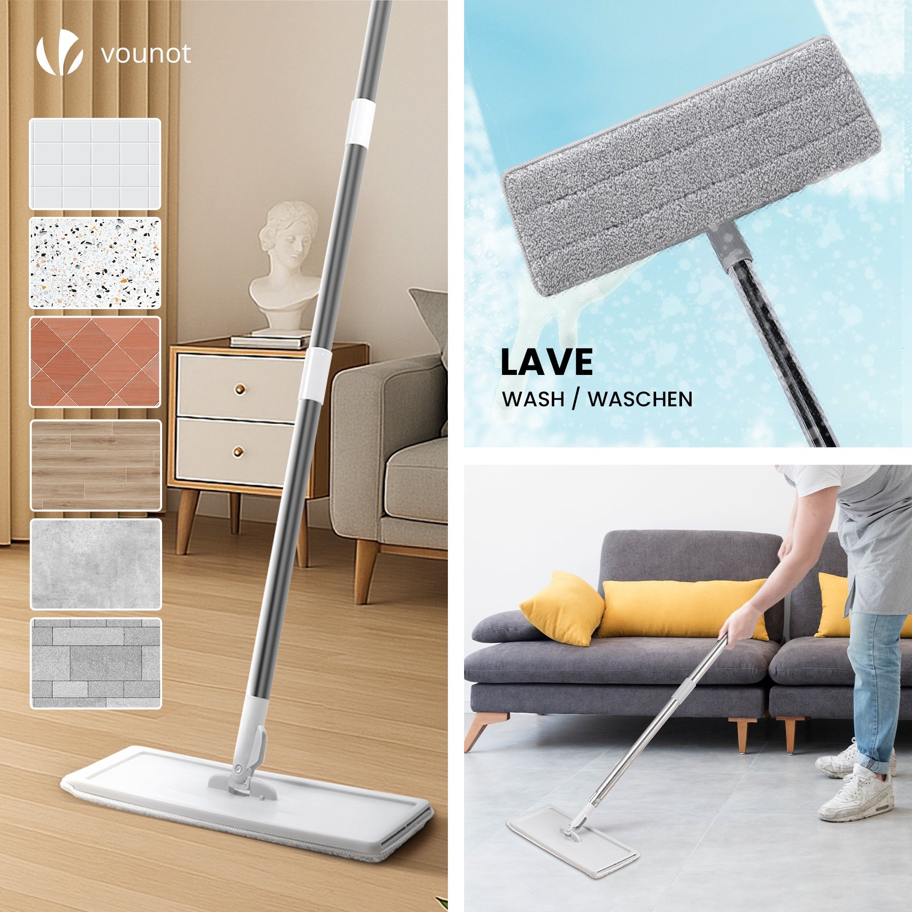 Balai plat microfibre avec seau essoreur auto-lavage double compartiment - 6 serpillères réutilisables - blanc - VOUNOT® - 7