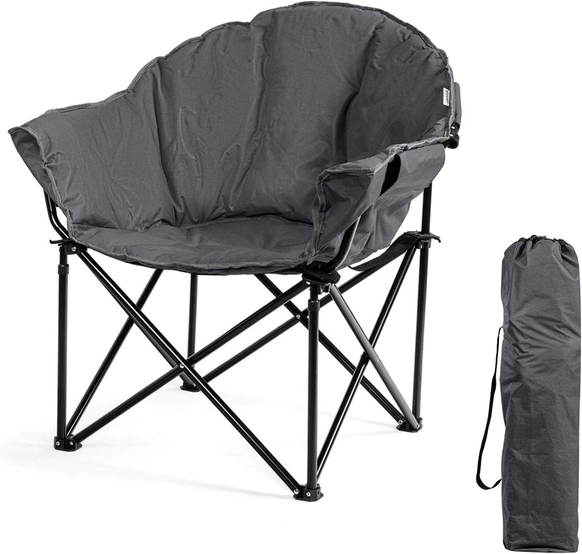 Składane Krzesło Kempingowe, Przenośny Fotel XL z Wyściełaną Poduszką, Torba Transportowa, do Wędkowania, Wędrówek, na Plażę, Nośność 136 kg (Szare)