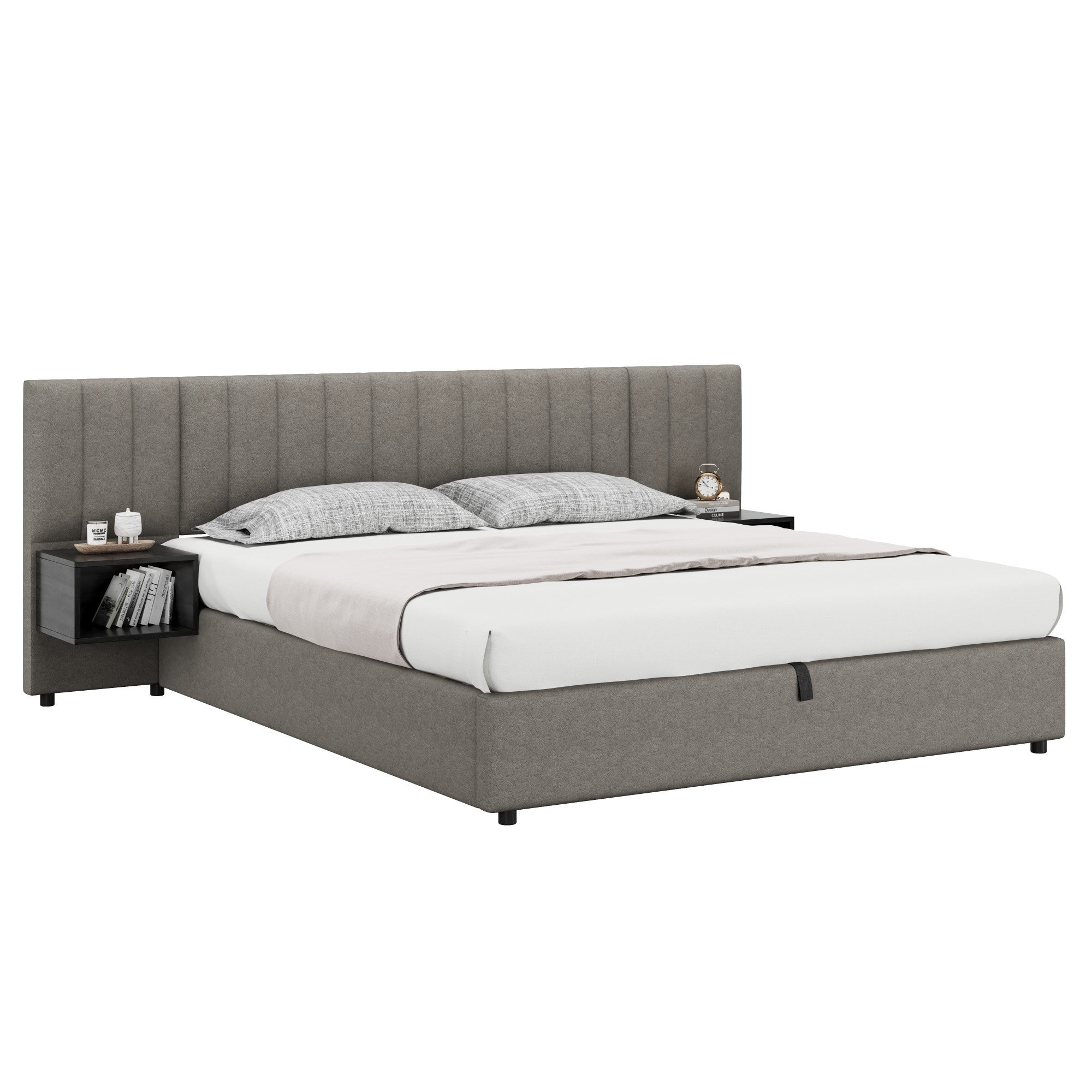 Cama contenedor 180 x 200 cm con cabecero grande y 2 mesitas de noche - Tela de lino - Gris + negro (sin colchón) - 9