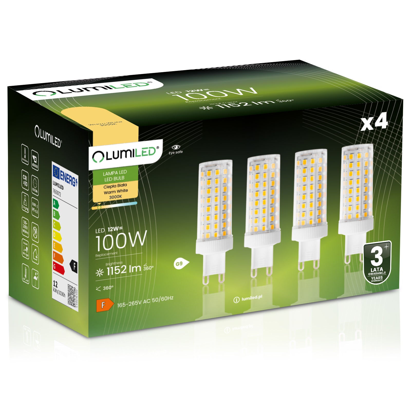 4x Żarówka Lumiled LED G9 Kapsułka 12W = 100W 1152lm 3000K Ciepła 360st