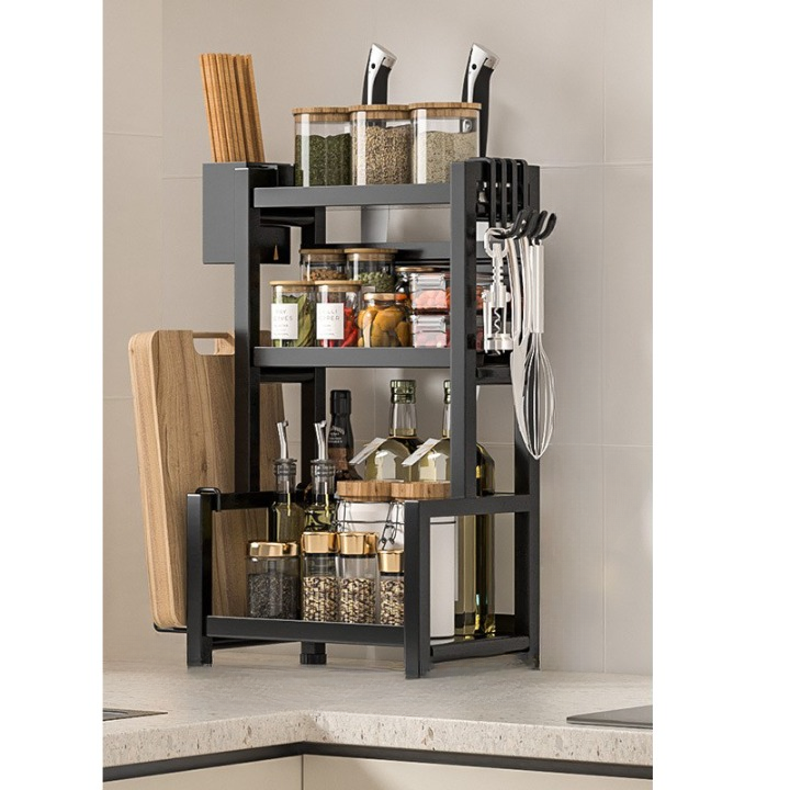 Półka kuchenna, stojak na przyprawy, wielofunkcyjna półka do przechowywania, z uchwytem na pałeczki + uchwytem na deskę do krojenia, haczyki