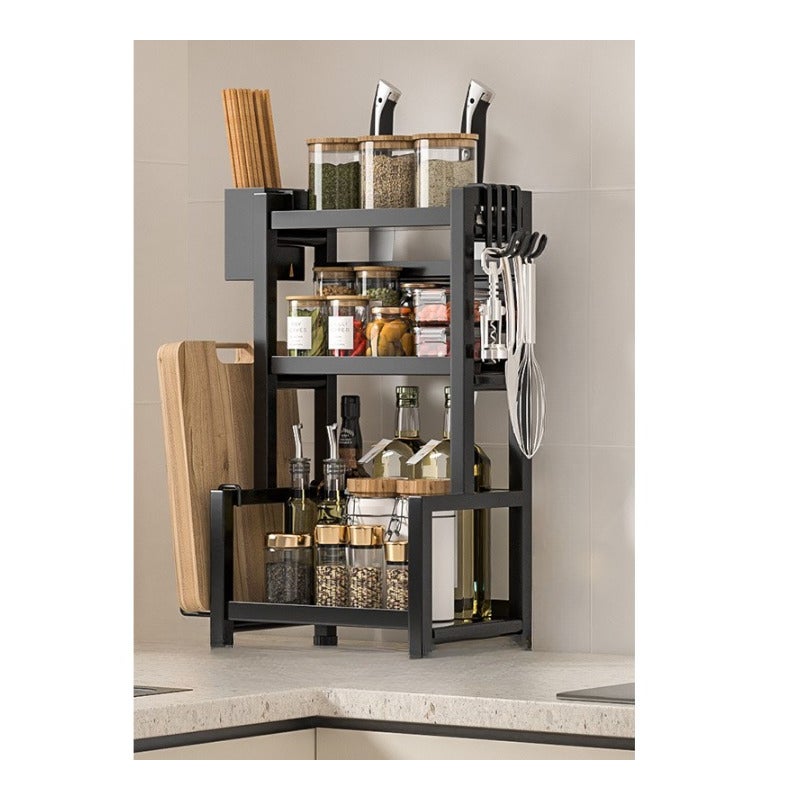 Półka kuchenna, stojak na przyprawy, wielofunkcyjna półka do przechowywania, z uchwytem na pałeczki + uchwytem na deskę do krojenia, haczyki