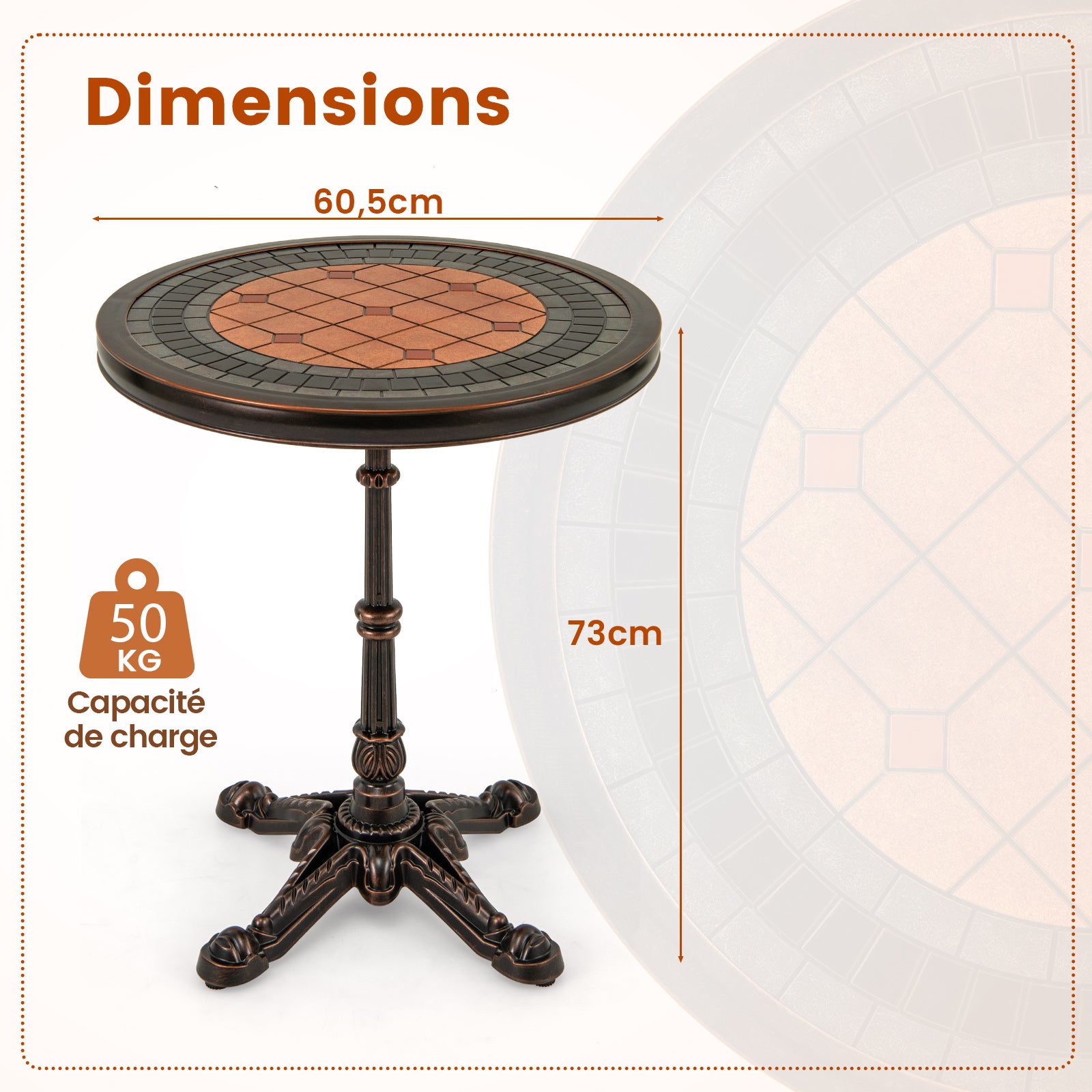 Table de Jardin Ronde de 60,5 cm, Table en Aluminium Coulé Résistante aux Intempéries avec Texture Sculptée et Plateau Peint, Bronze - 2