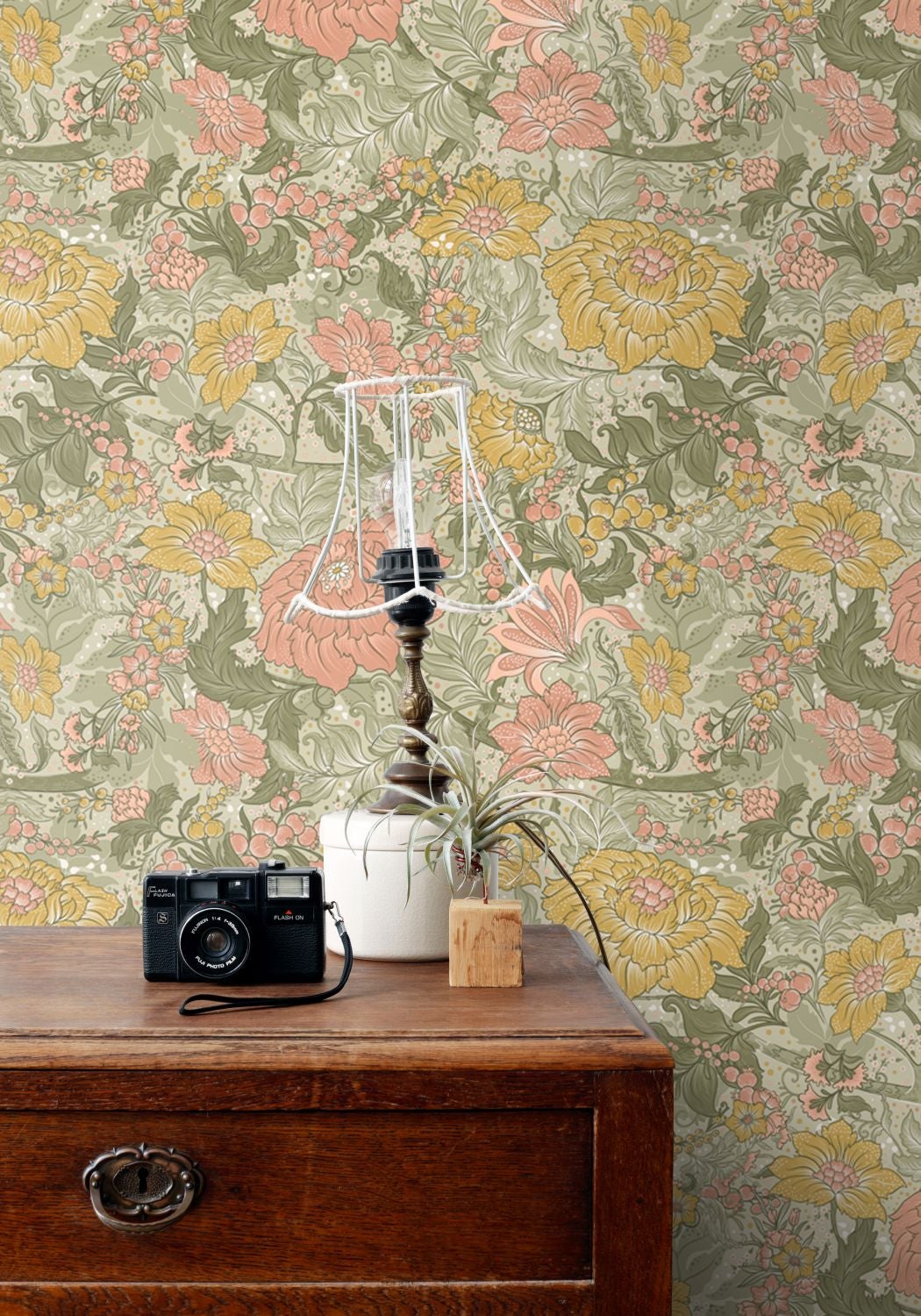 Papier peint fleurs vintage vert grisé, rose et jaune ocre - 50 x 900 cm - ESTAhome - 3