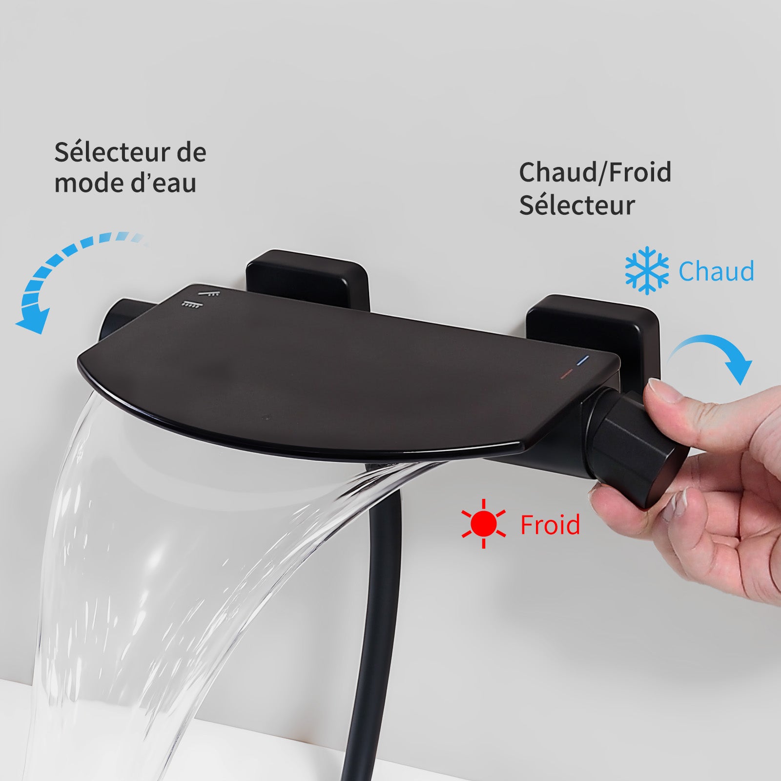 Mitigeur de Baignoire Cascade Extra-Large en Laiton avec Douchette 3+1 Modes et Étagère, Robinet Mural Noir Grand Débit - 4
