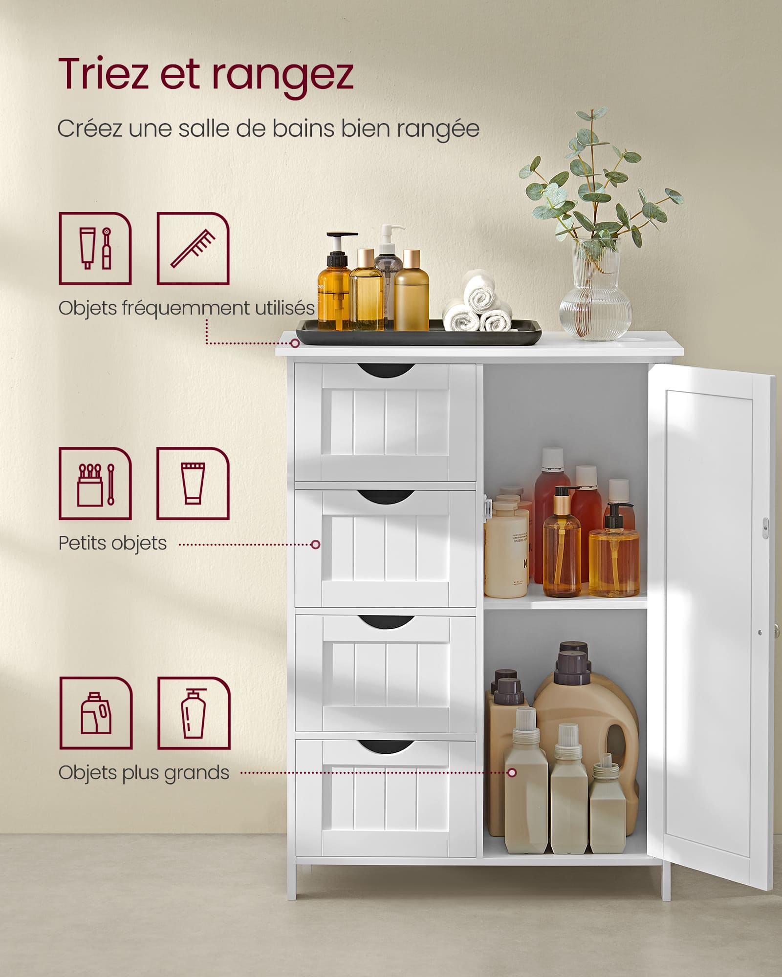 Meuble Salle de Bain Rangement, Armoire Gain de Place, Commode, avec 4 Tiroirs, Placard avec Porte, Étagère Réglable, 35 x 65 x 90 cm, Blanc Nuage - 3