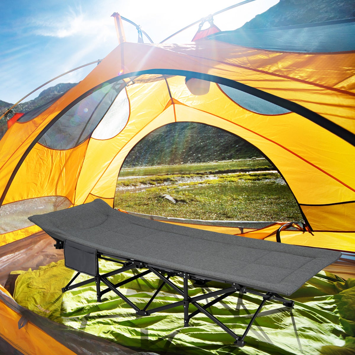 Outsunny - Lit de camp pliable matelassé grand confort tétière intégré - poche latérale