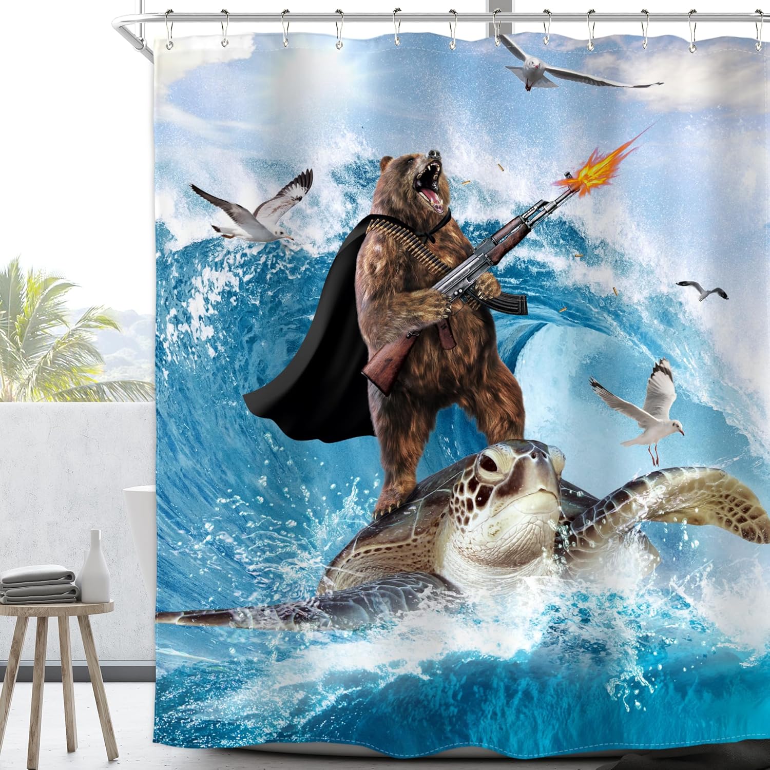 Zabawna, wodoodporna poliestrowa zasłona prysznicowa z motywem surfującego misia – Żółw morski, żółw, mewa – 152,4 x 183 cm – Fale oceaniczne