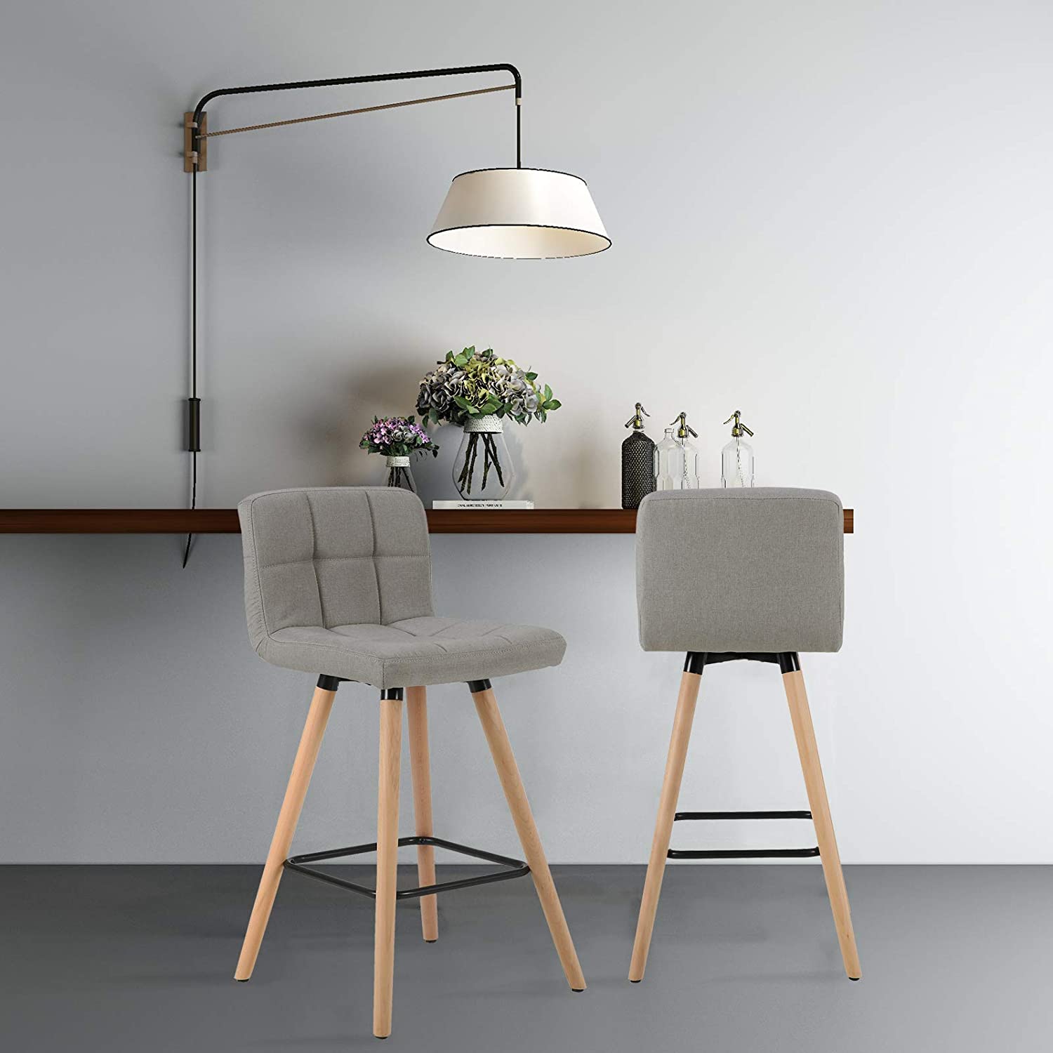 Lot de 2 Tabourets de Bar avec Repose-Pieds WOLTU, Chaise de bar Design en Bois Massif et Lin, Gris Clair - 2