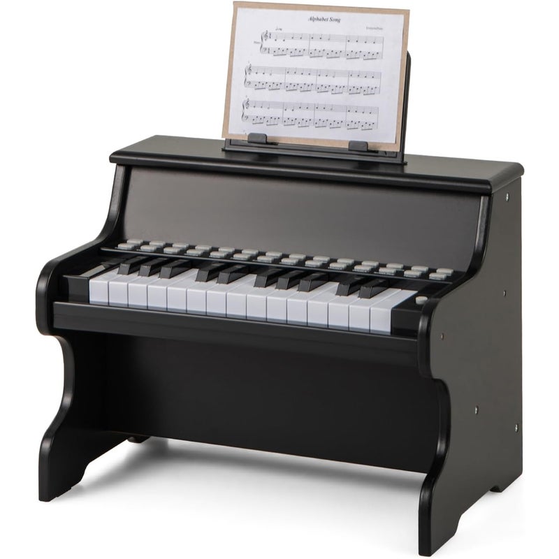 Klawiatura Fortepianowa dla Dzieci z 25 Podświetlanymi Klawiszami, Cyfrowy Fortepian Drewniany z Pulpitkiem, Regulowana Głośność/Prędkość (Czarny)