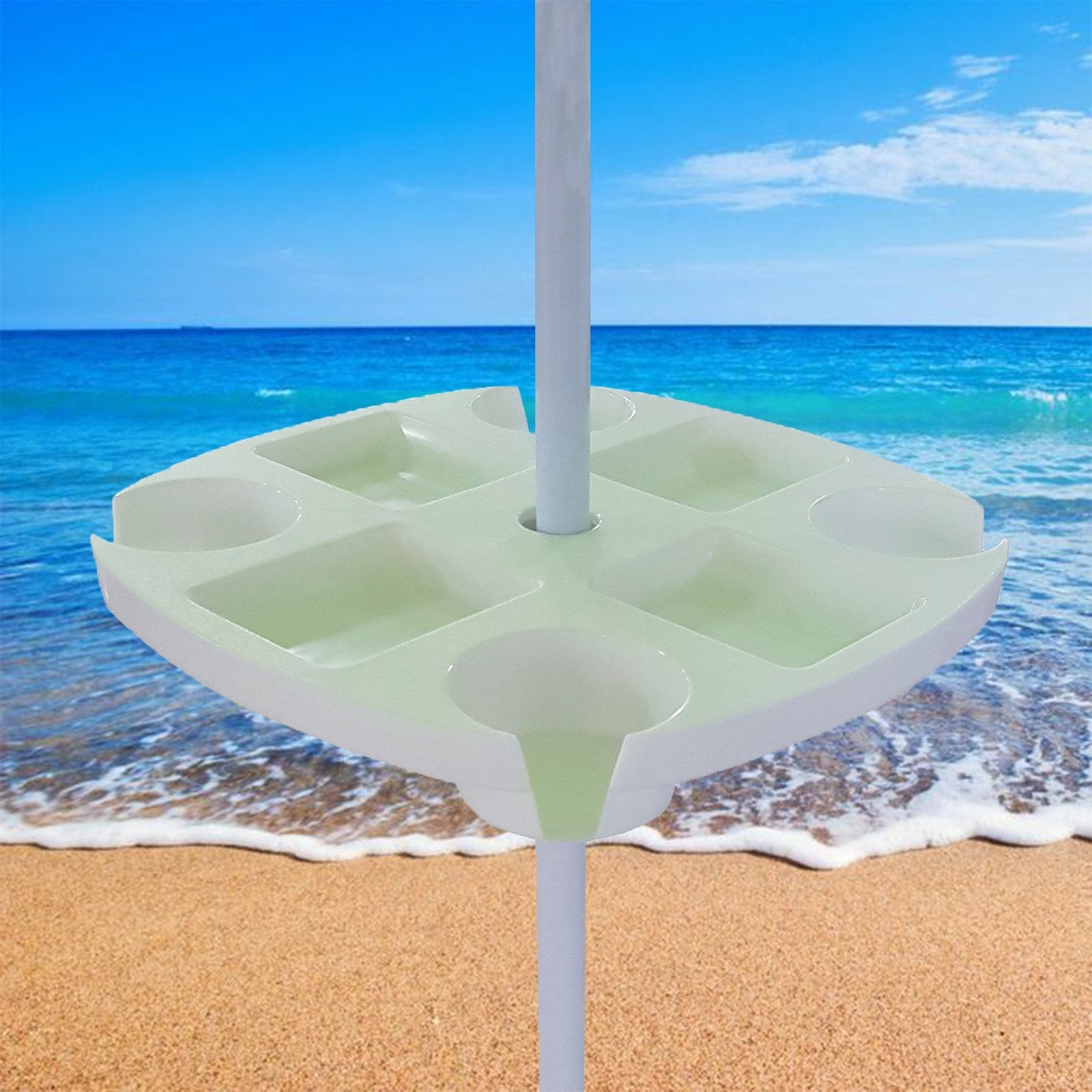 Tavolino Portaombrelloni Da Esterno In Plastica, Con 4 Portabicchieri E 4 Scomparti Per Snack, Vassoio Per Ombrelloni Da Spiaggia E Giardino, Bianco, Adatto Per Aste Fino A 38mm - 2