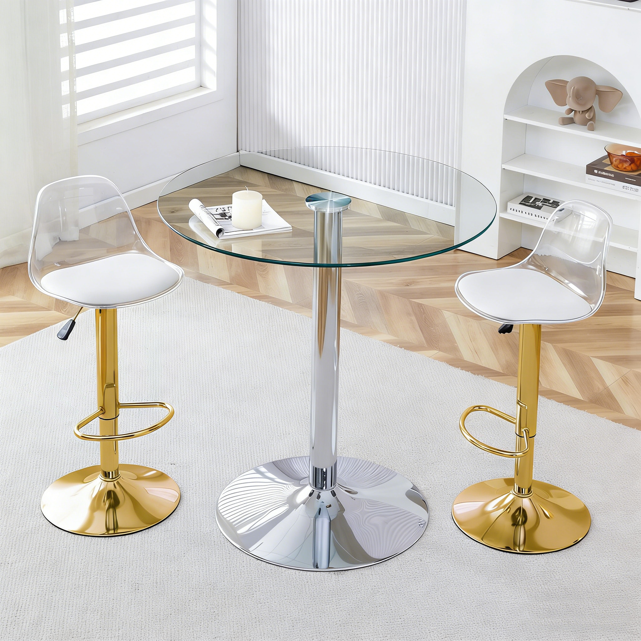 Conjunto de mesa de bar redonda, 89 cm, en cristal transparente + 2 taburetes acrílicos regulables y giratorios, patas de metal dorado